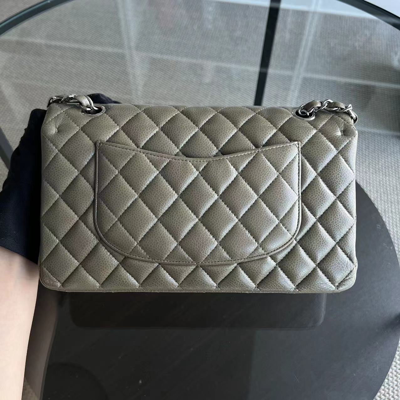 Chanel Caviar Medium Classic Flap Double Flap Quilted Calfskin Taupe Green Brown SHW No 17 - Luxury Evermore