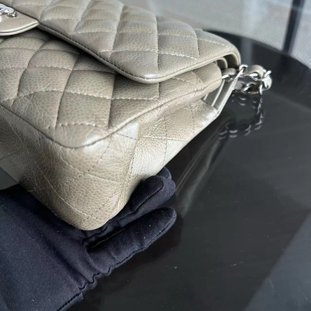 Chanel Caviar Medium Classic Flap Double Flap Quilted Calfskin Taupe Green Brown SHW No 17 - Luxury Evermore