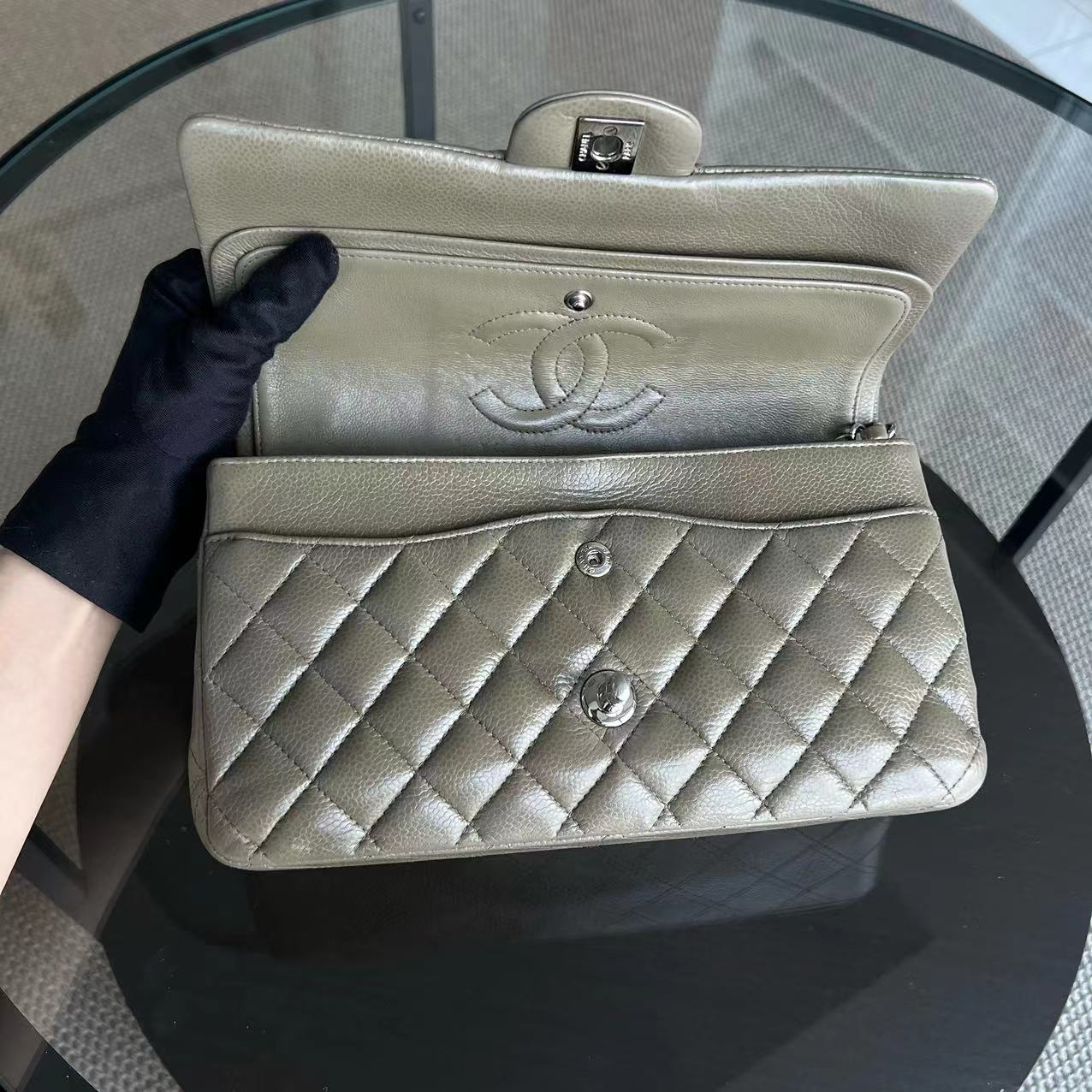 Chanel Caviar Medium Classic Flap Double Flap Quilted Calfskin Taupe Green Brown SHW No 17 - Luxury Evermore