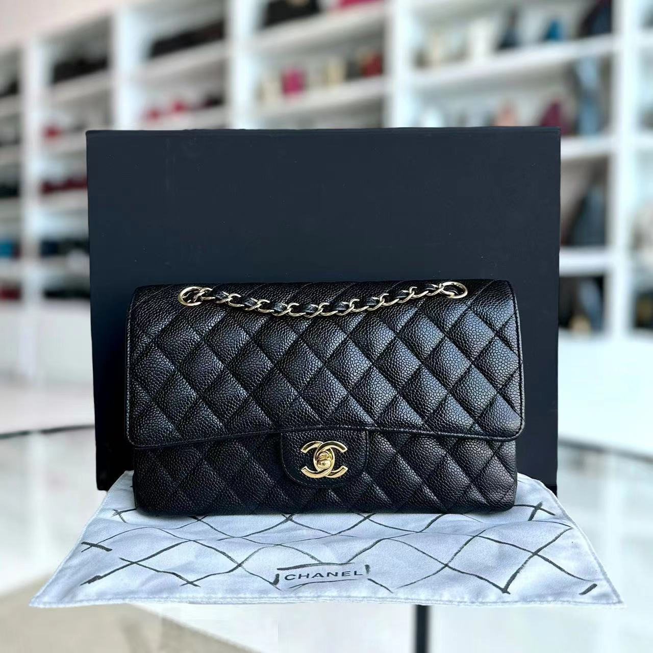 Chanel Caviar Medium Classic Flap Double Flap Quilted Grained Calfskin Black Golden Hardware Series 13 - Luxury Evermore