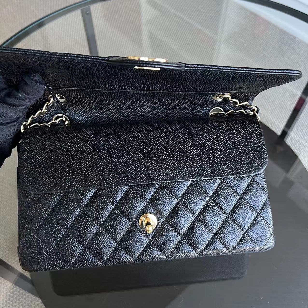 Chanel Caviar Medium Classic Flap Double Flap Quilted Grained Calfskin Black Golden Hardware Series 13 - Luxury Evermore