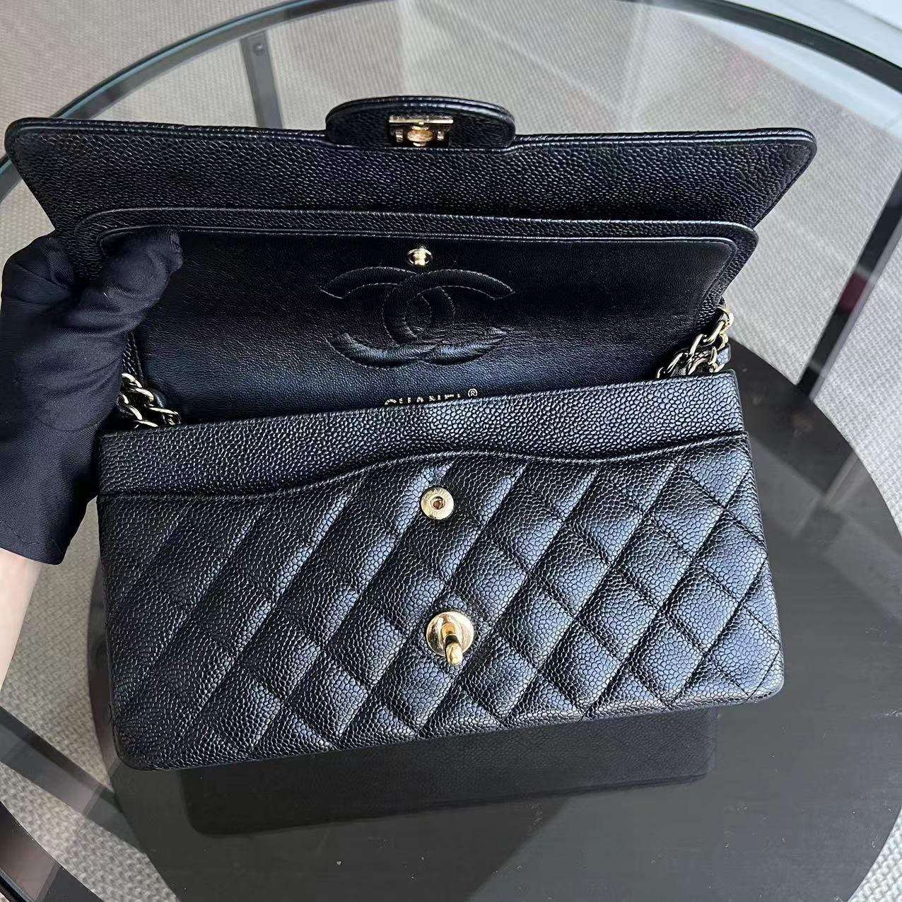 Chanel Caviar Medium Classic Flap Double Flap Quilted Grained Calfskin Black Golden Hardware Series 13 - Luxury Evermore