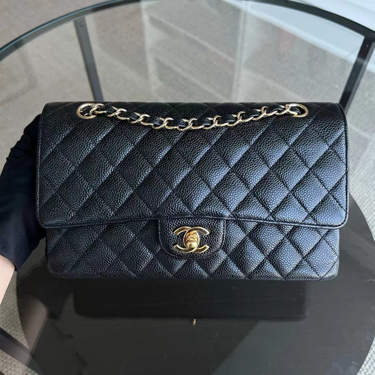 Chanel Caviar Medium Classic Flap Double Flap Quilted Grained Calfskin Black Golden Hardware Series 13 - Luxury Evermore