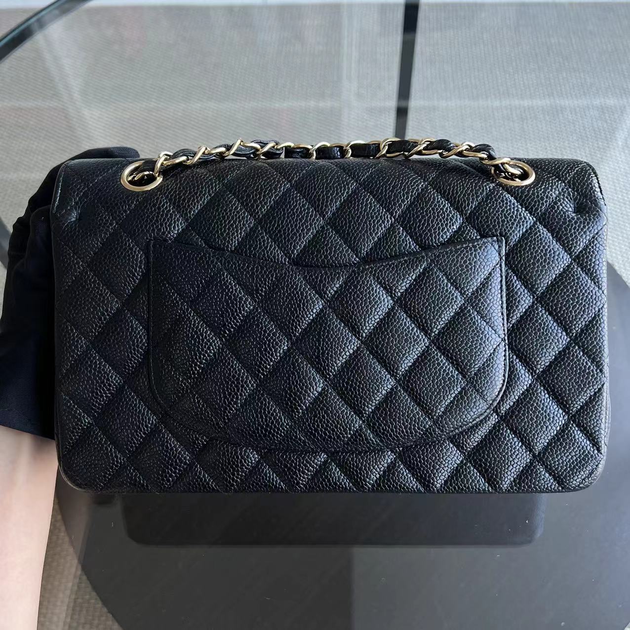 Chanel Caviar Medium Classic Flap Double Flap Quilted Grained Calfskin Black Golden Hardware Series 13 - Luxury Evermore