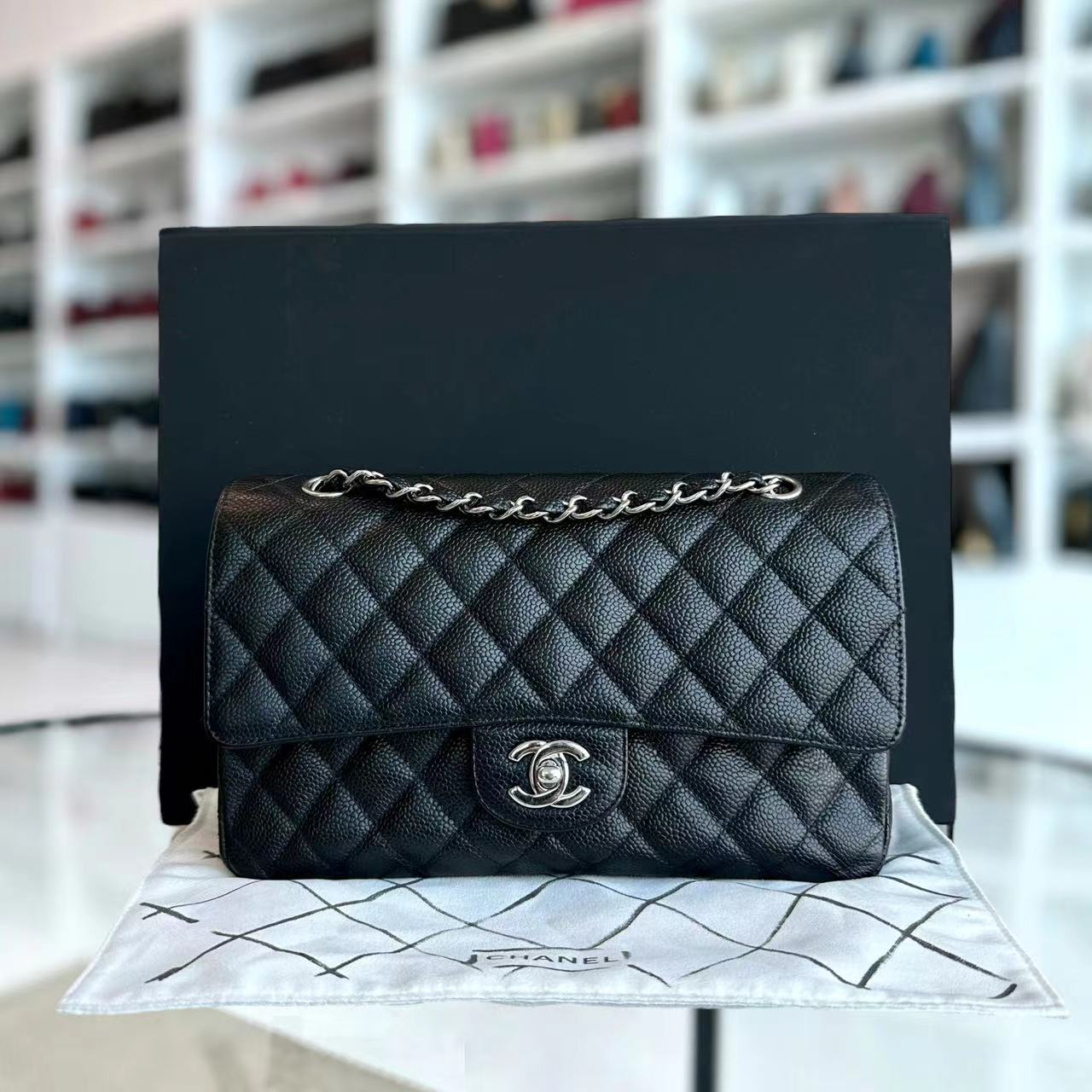 Chanel Caviar Medium Classic Flap Double Flap Quilted Grained Calfskin Black Silver Hardware Series 13 - Luxury Evermore