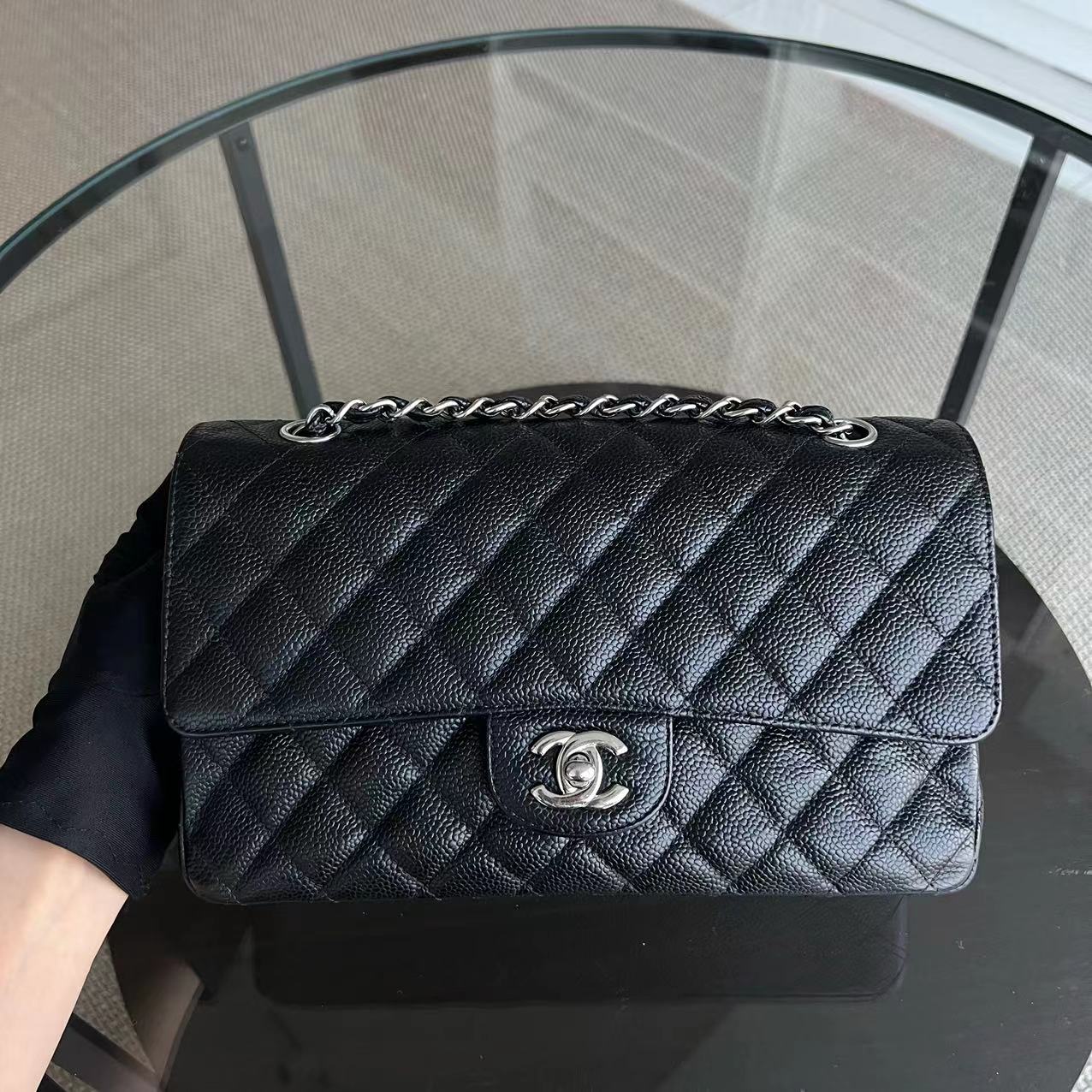 Chanel Caviar Medium Classic Flap Double Flap Quilted Grained Calfskin Black Silver Hardware Series 13 - Luxury Evermore