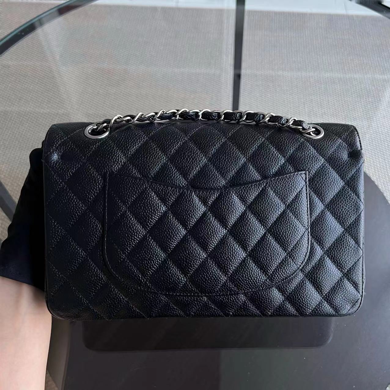 Chanel Caviar Medium Classic Flap Double Flap Quilted Grained Calfskin Black Silver Hardware Series 13 - Luxury Evermore