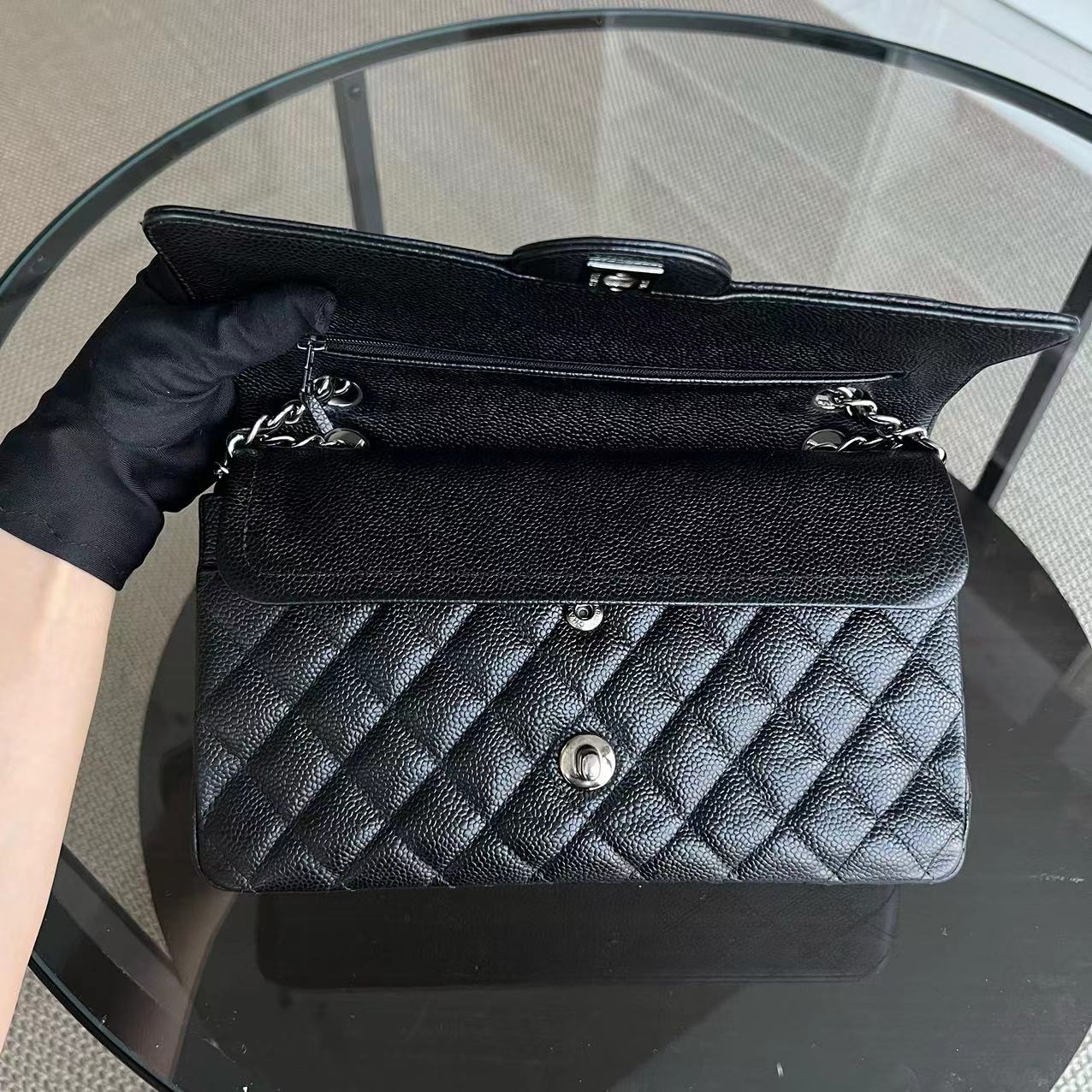 Chanel Caviar Medium Classic Flap Double Flap Quilted Grained Calfskin Black Silver Hardware Series 13 - Luxury Evermore