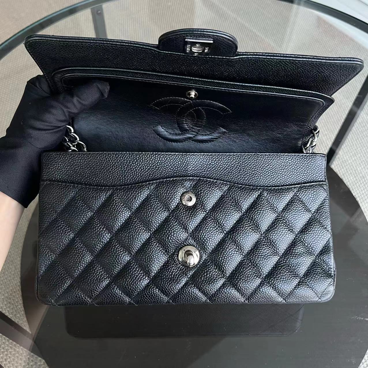 Chanel Caviar Medium Classic Flap Double Flap Quilted Grained Calfskin Black Silver Hardware Series 13 - Luxury Evermore