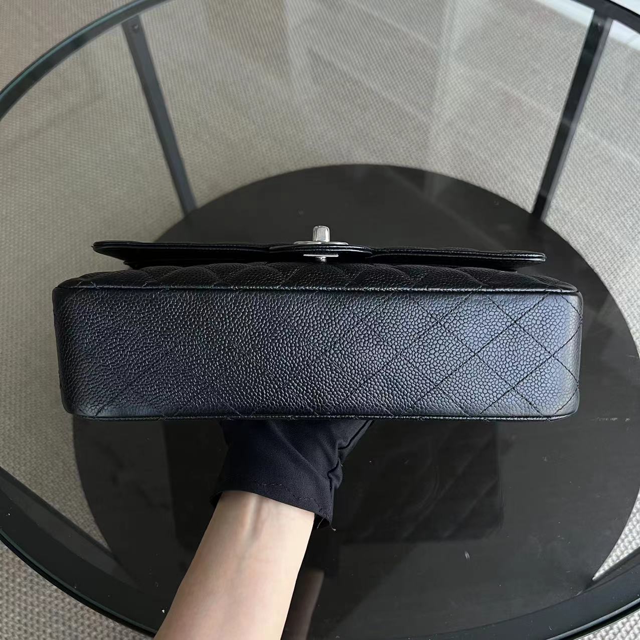 Chanel Caviar Medium Classic Flap Double Flap Quilted Grained Calfskin Black Silver Hardware Series 13 - Luxury Evermore