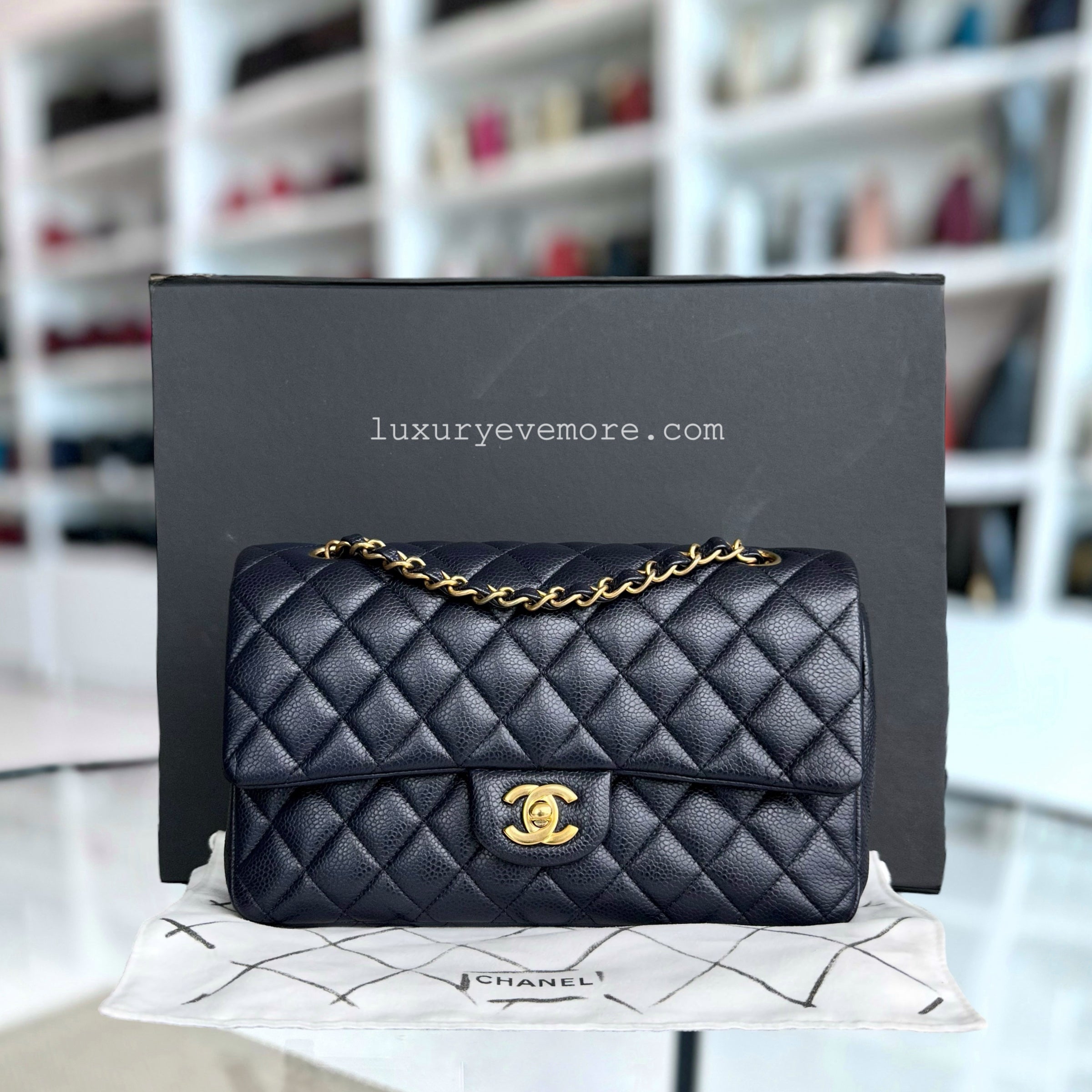 Chanel Caviar Medium Classic Flap Double Flap Quilted Grained Calfskin Dark Blue Golden Hardware Series 21 - Luxury Evermore