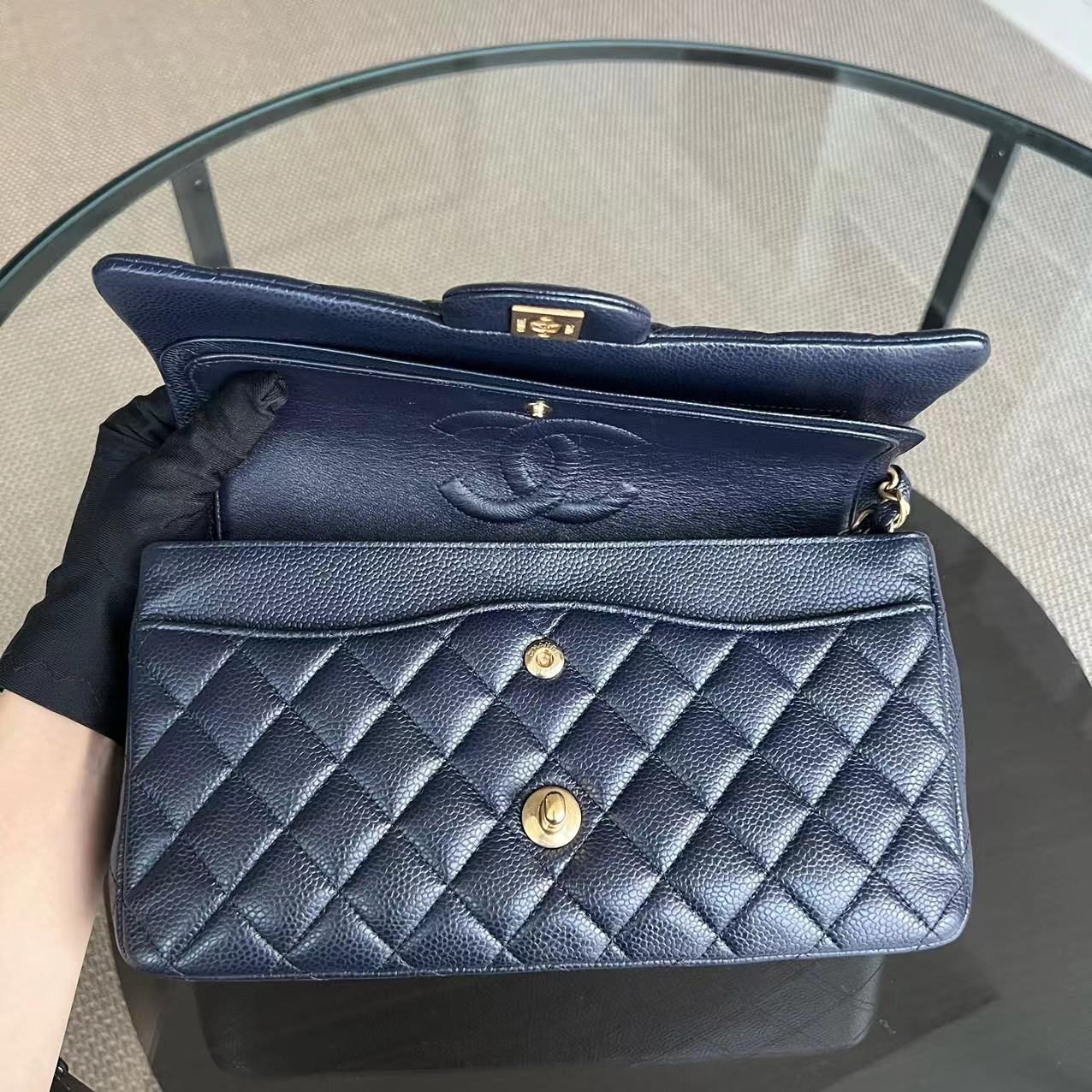 Chanel Caviar Medium Classic Flap Double Flap Quilted Grained Calfskin Dark Blue Golden Hardware Series 21 - Luxury Evermore