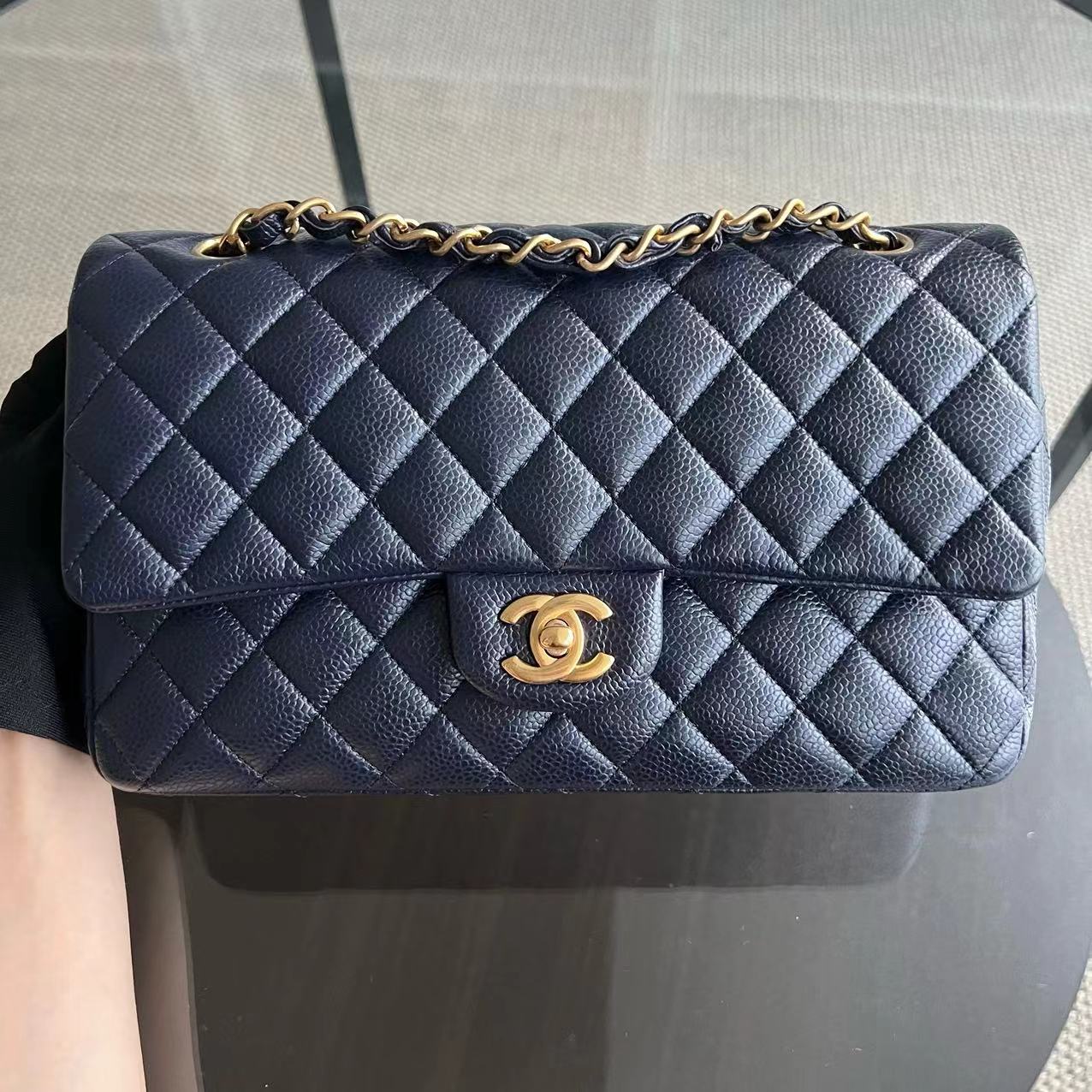 Chanel Caviar Medium Classic Flap Double Flap Quilted Grained Calfskin Dark Blue Golden Hardware Series 21 - Luxury Evermore