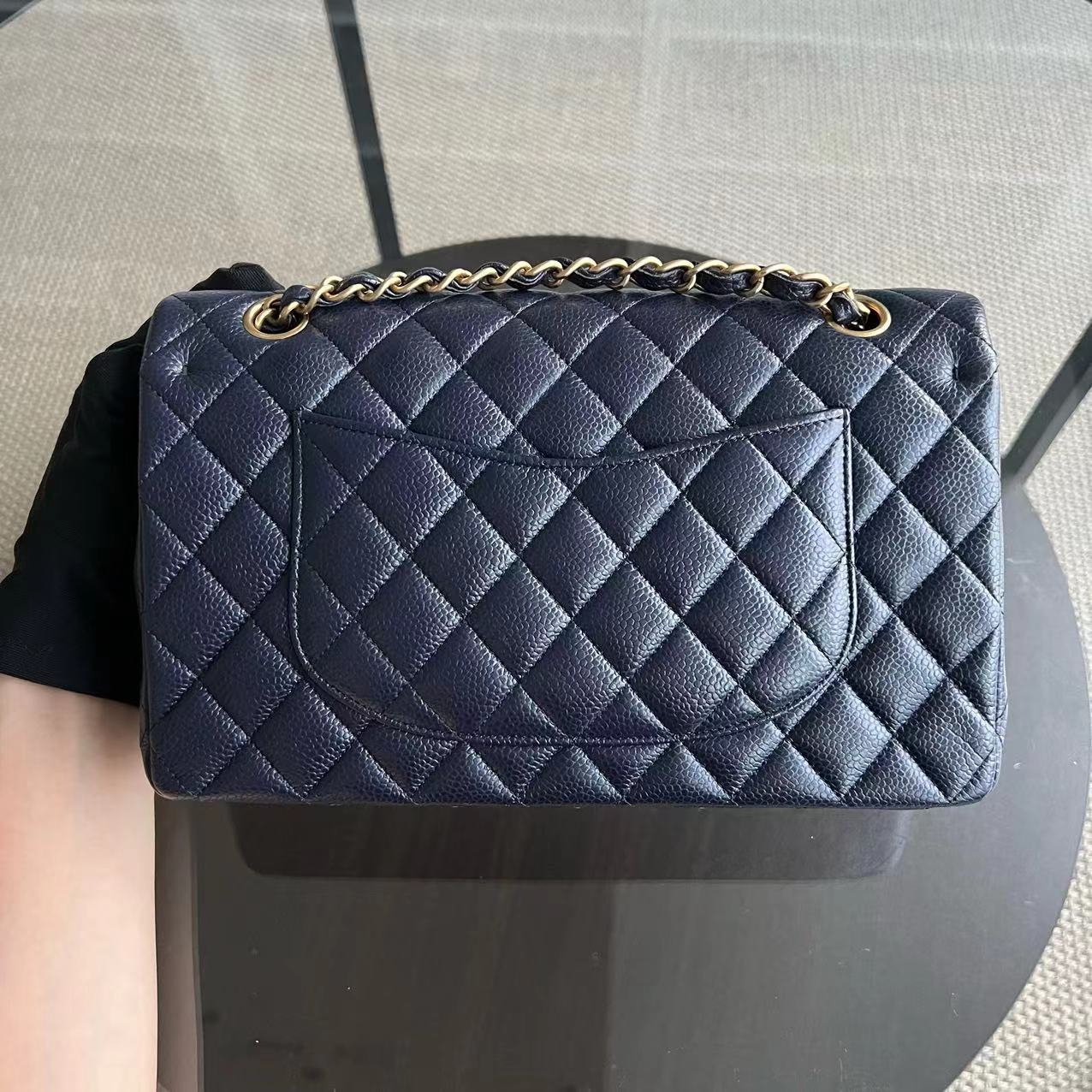 Chanel Caviar Medium Classic Flap Double Flap Quilted Grained Calfskin Dark Blue Golden Hardware Series 21 - Luxury Evermore