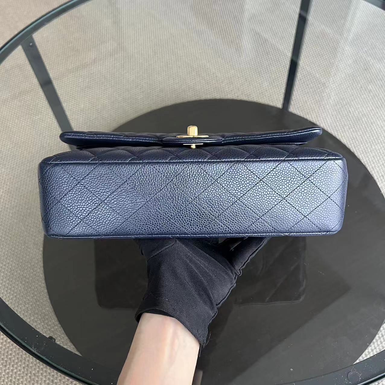 Chanel Caviar Medium Classic Flap Double Flap Quilted Grained Calfskin Dark Blue Golden Hardware Series 21 - Luxury Evermore