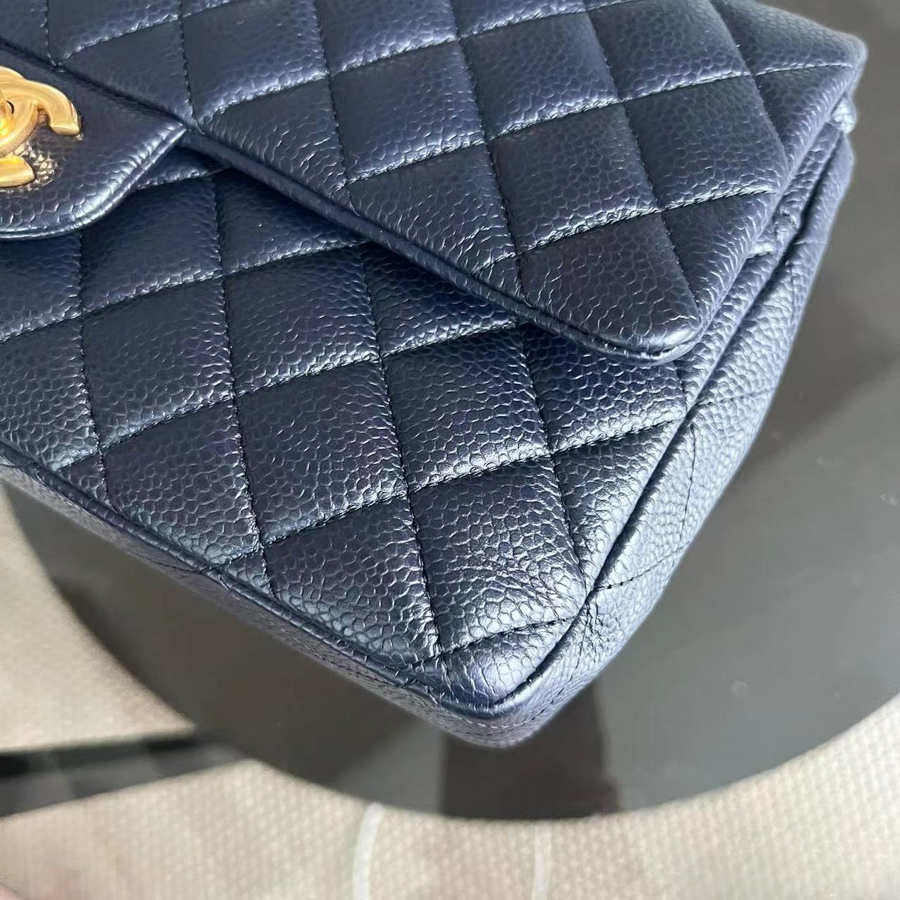 Chanel Caviar Medium Classic Flap Double Flap Quilted Grained Calfskin Dark Blue Golden Hardware Series 21 - Luxury Evermore