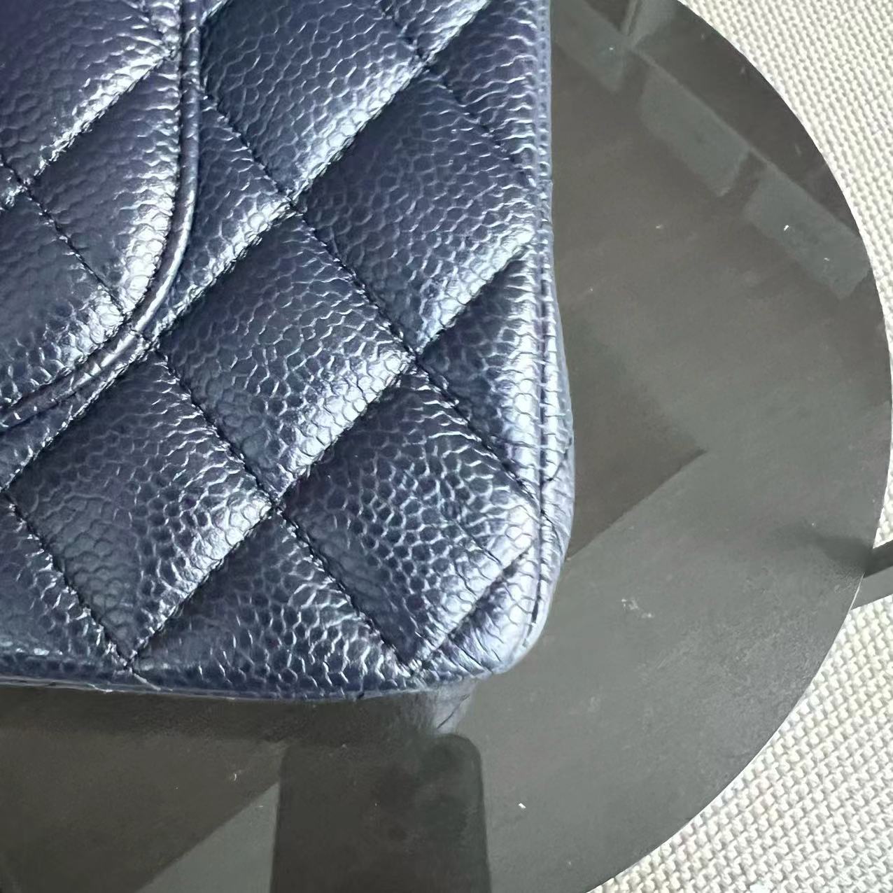 Chanel Caviar Medium Classic Flap Double Flap Quilted Grained Calfskin Dark Blue Golden Hardware Series 21 - Luxury Evermore