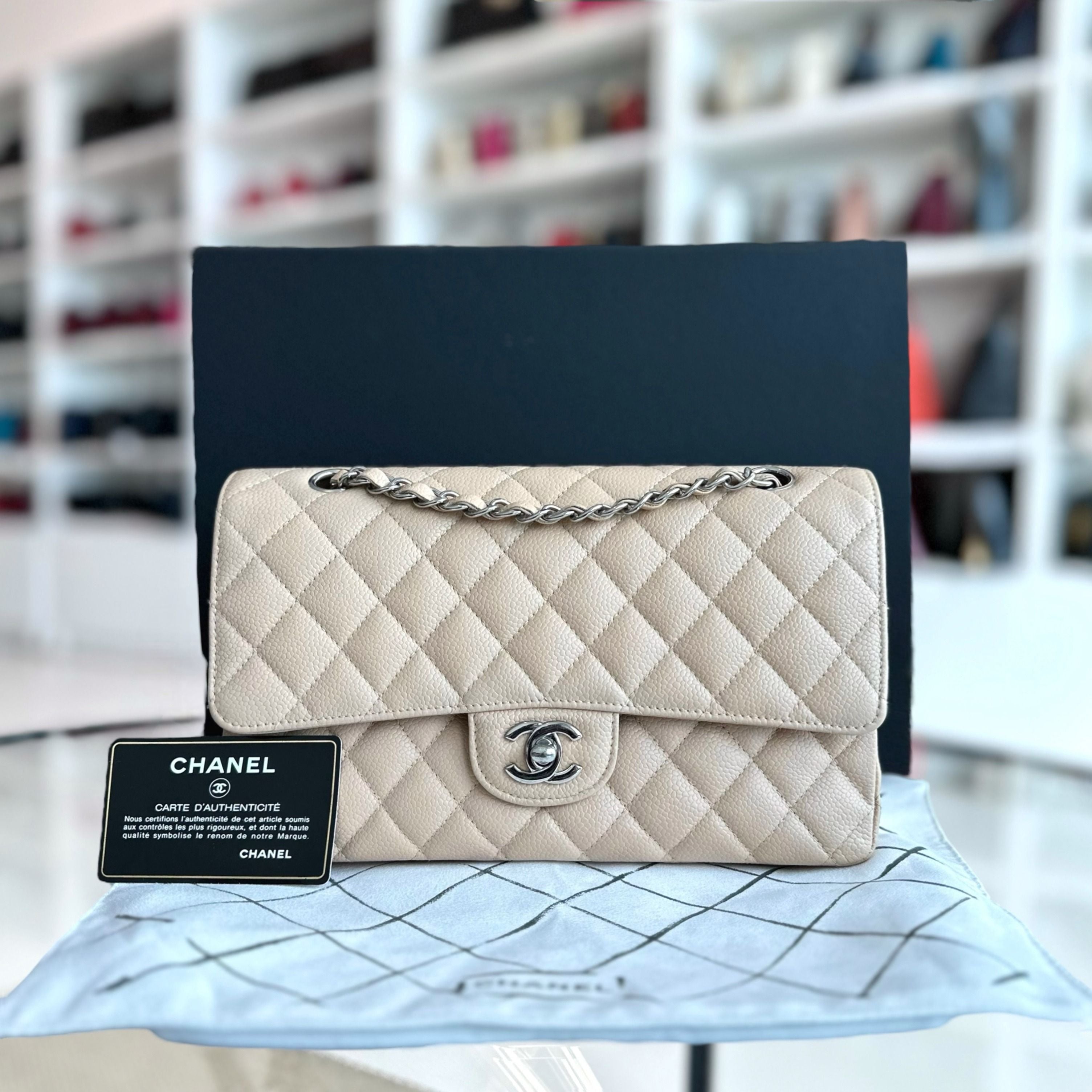 Chanel Caviar Medium Classic Flap Quilted Beige SHW No 18 - Luxury Evermore