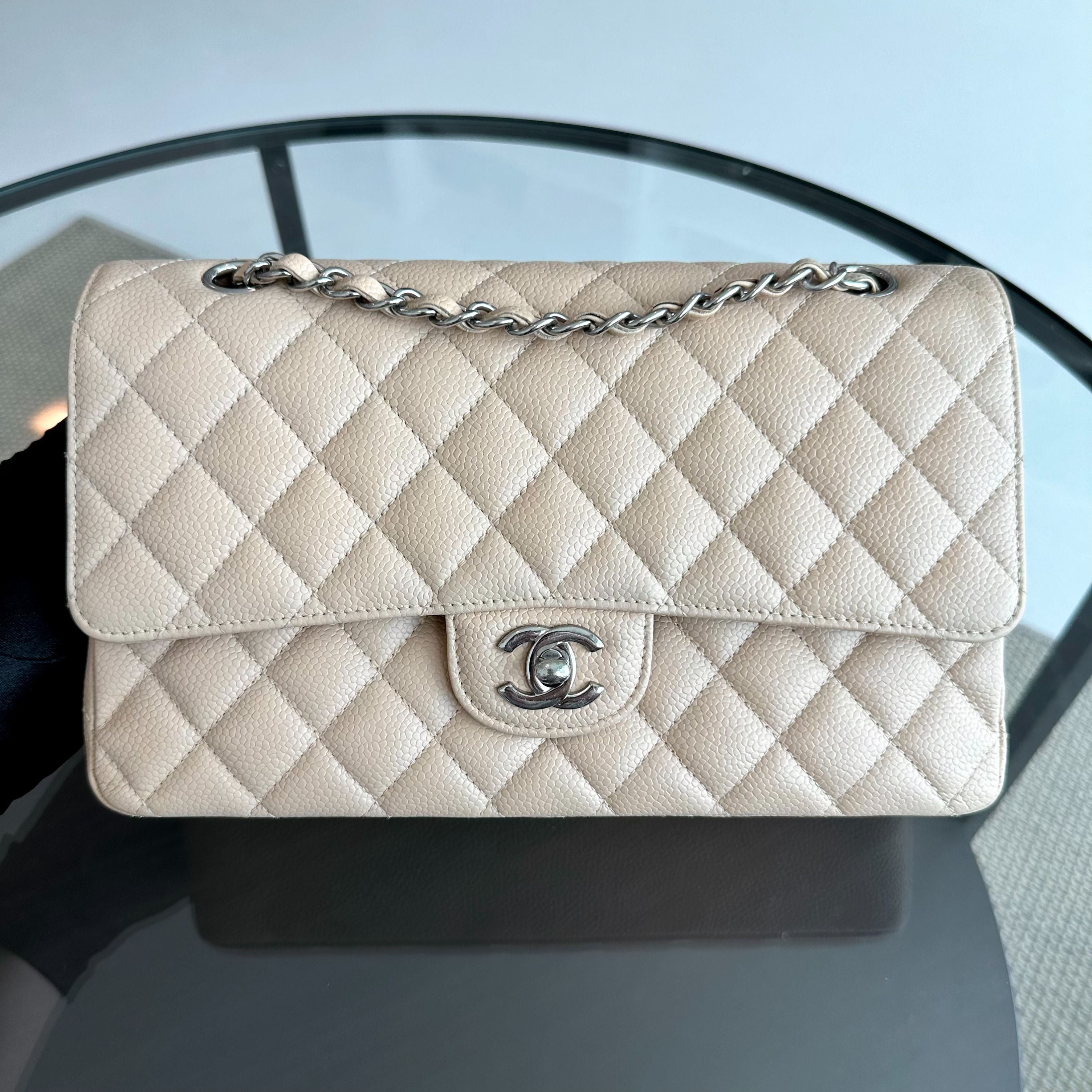 Chanel Caviar Medium Classic Flap Quilted Beige SHW No 18 - Luxury Evermore