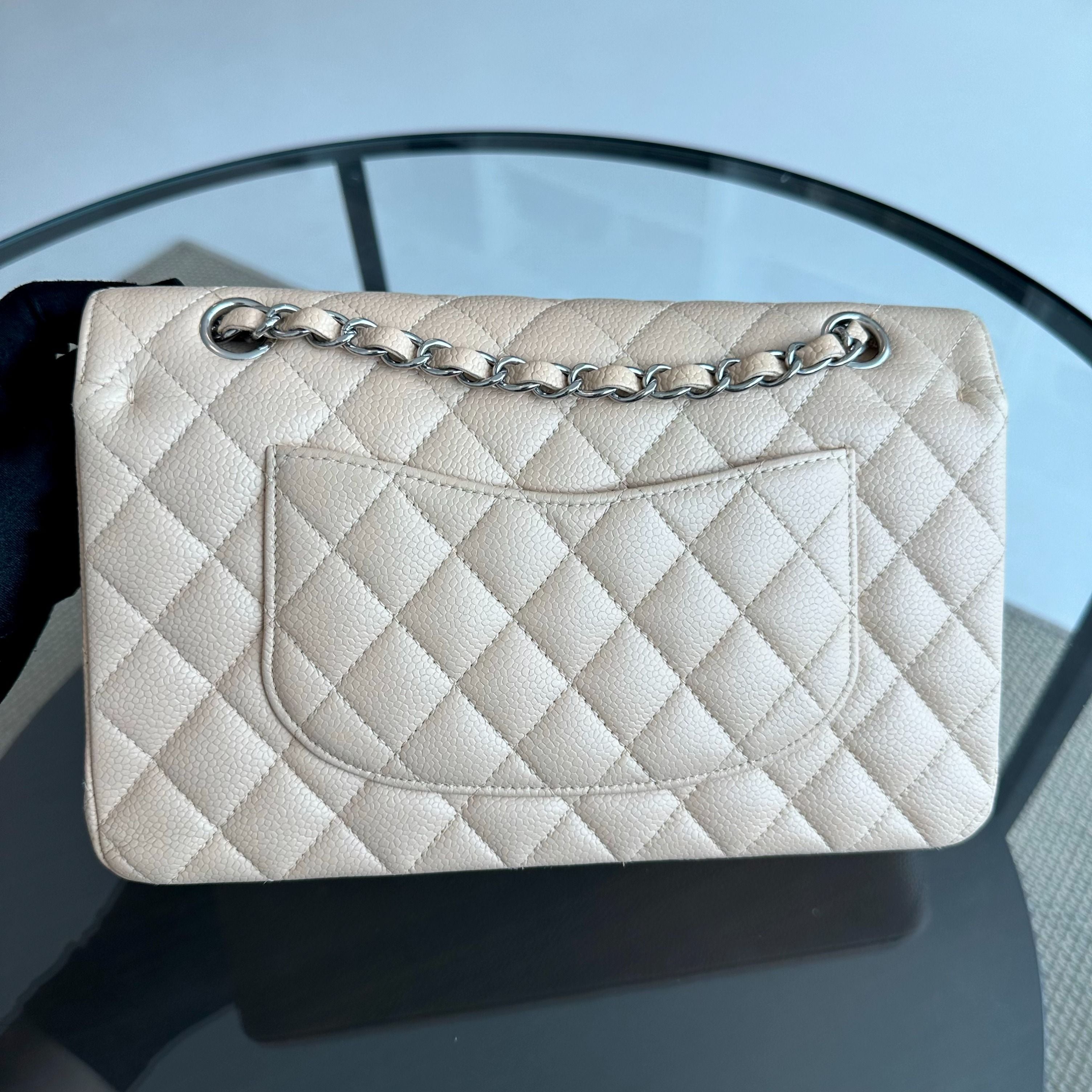 Chanel Caviar Medium Classic Flap Quilted Beige SHW No 18 - Luxury Evermore