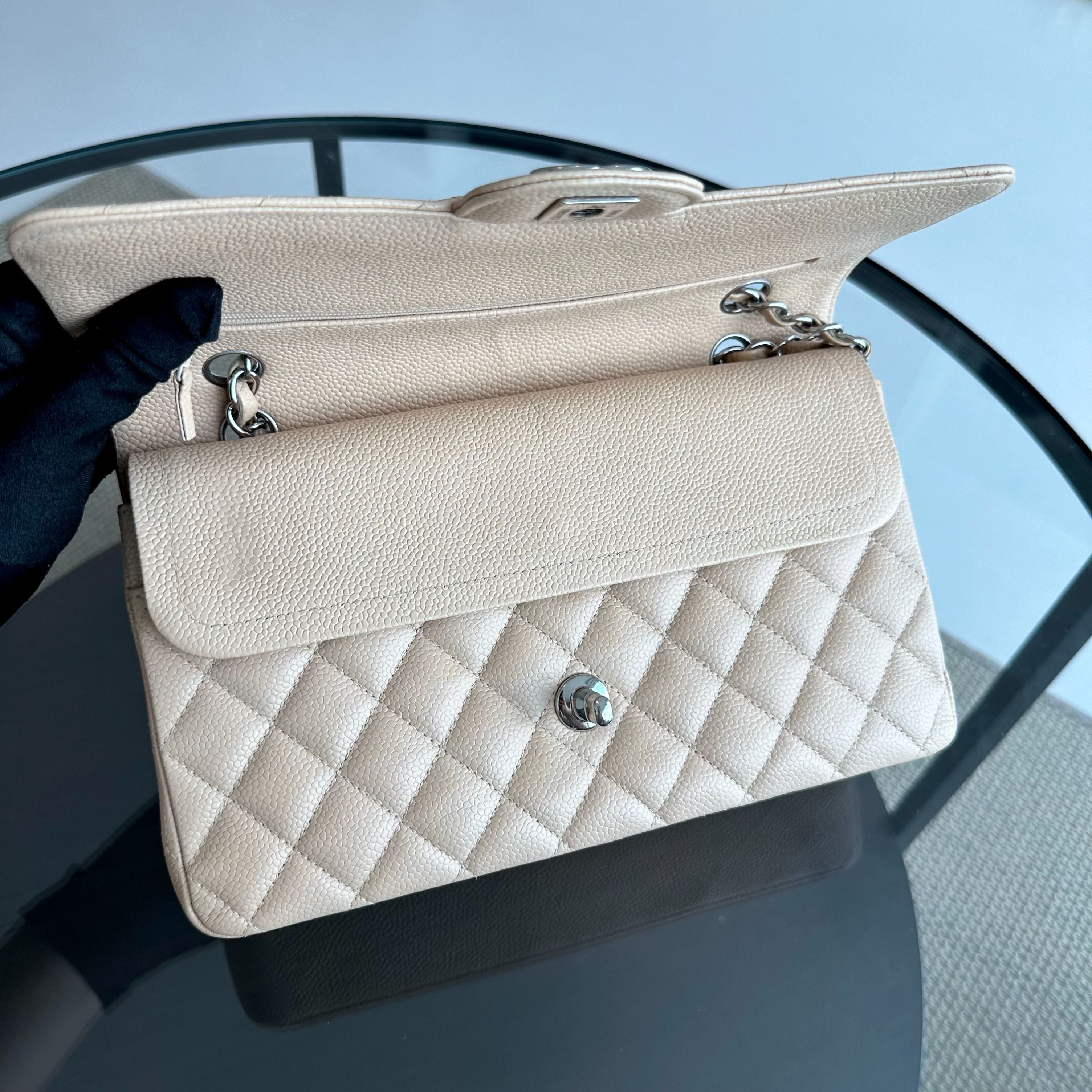 Chanel Caviar Medium Classic Flap Quilted Beige SHW No 18 - Luxury Evermore