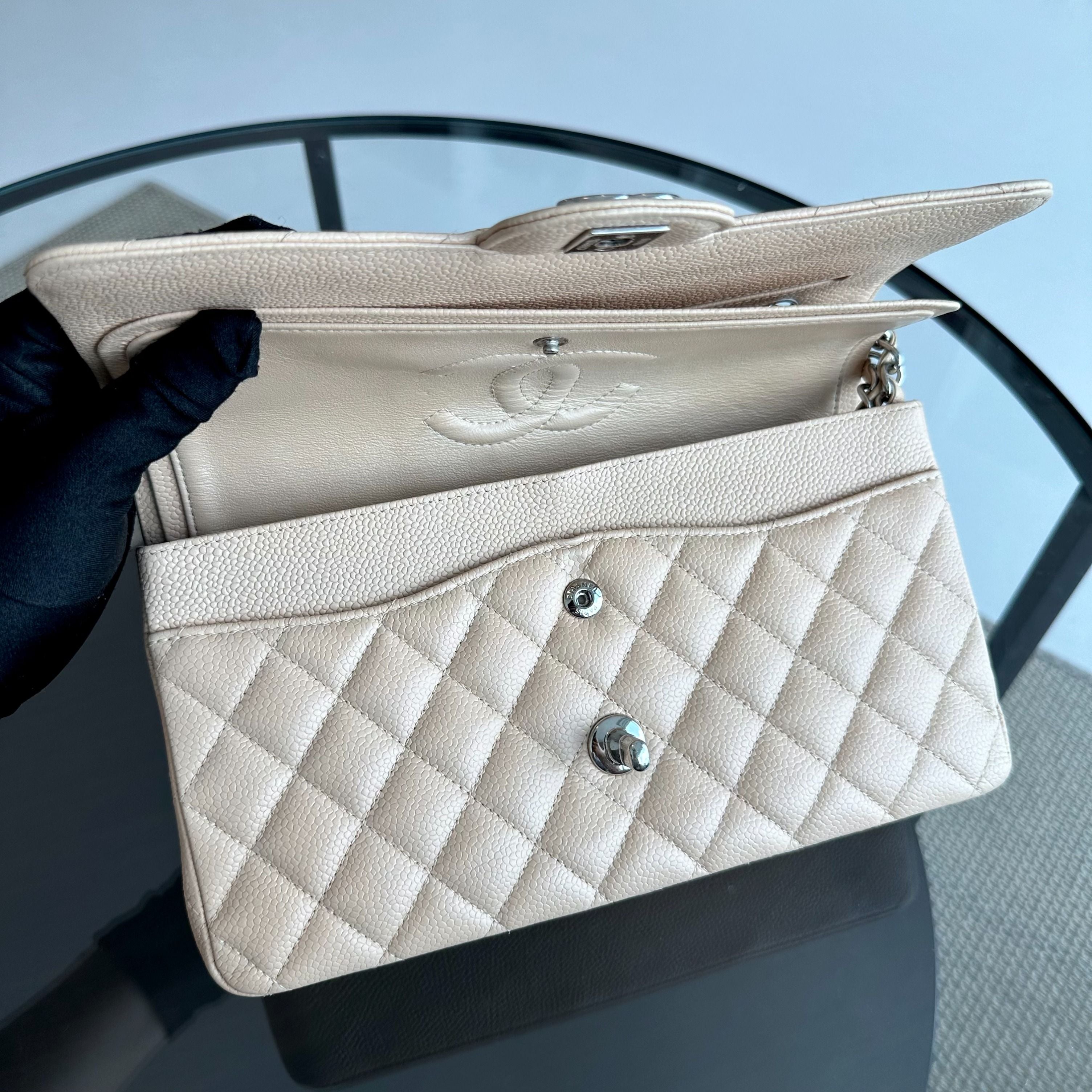 Chanel Caviar Medium Classic Flap Quilted Beige SHW No 18 - Luxury Evermore