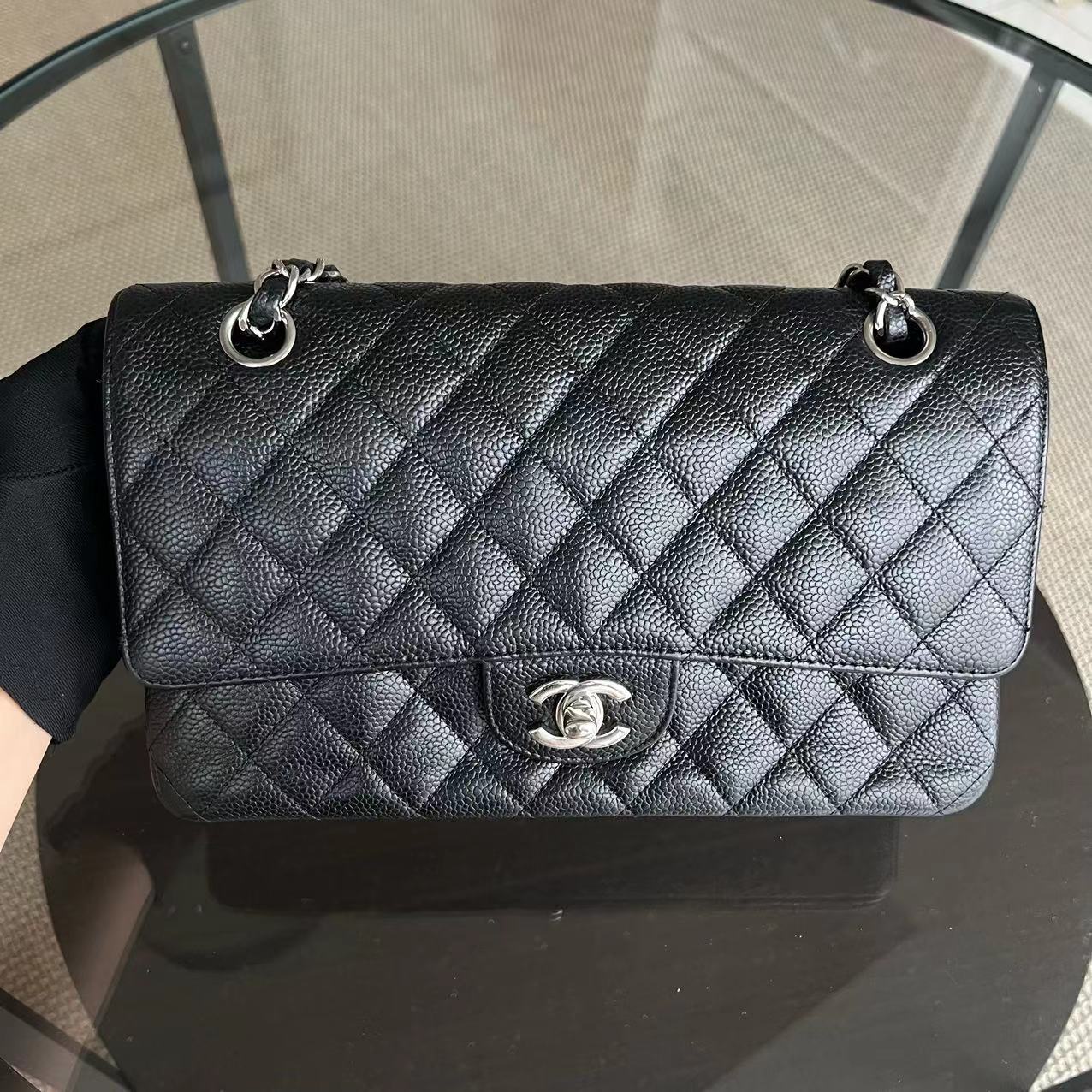 Chanel Caviar Medium Classic Flap Quilted Calfskin Black SHW No 14 - Luxury Evermore