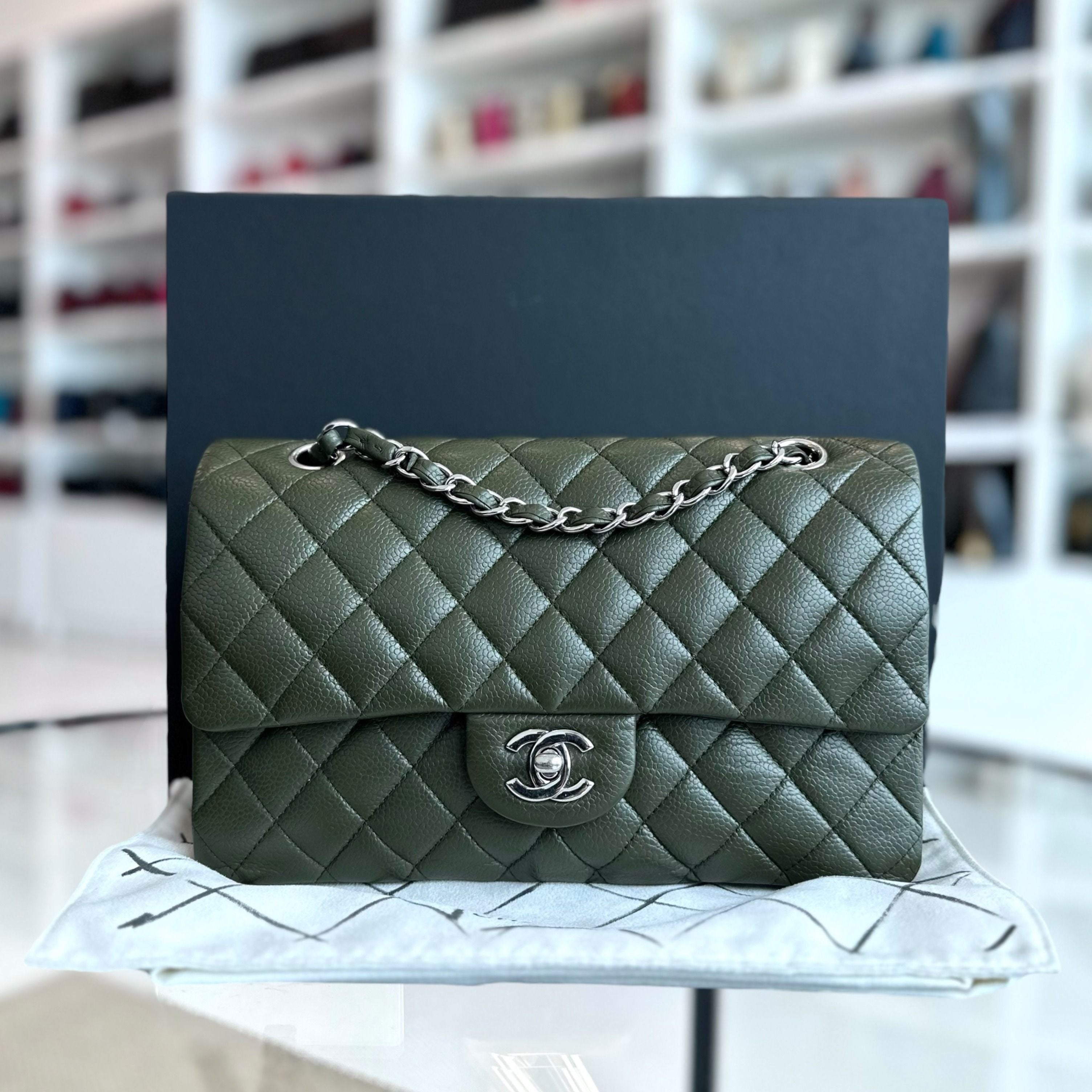 Chanel Caviar Medium Classic Flap Quilted Dark Green SHW No 14 - Luxury Evermore