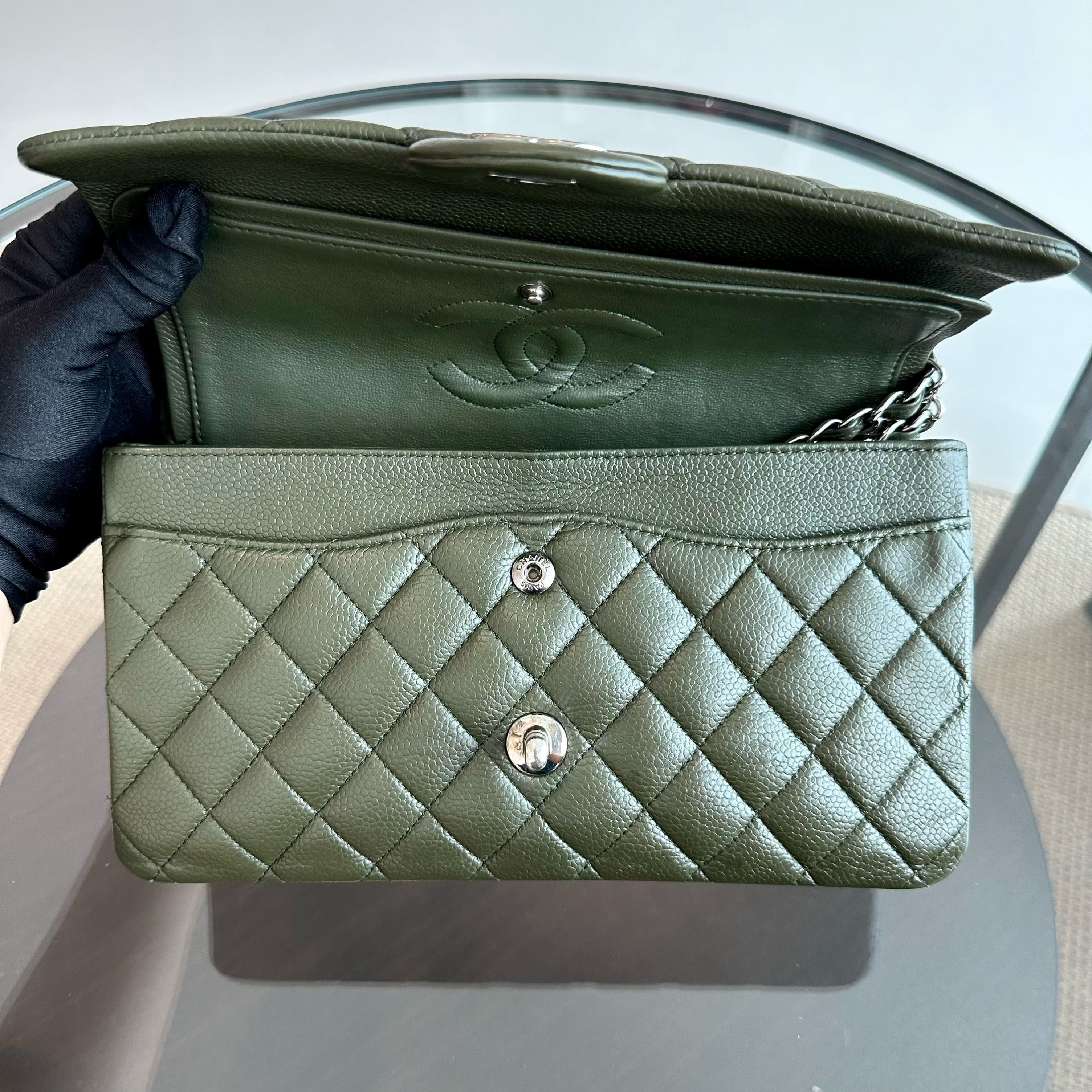 Chanel Caviar Medium Classic Flap Quilted Dark Green SHW No 14 - Luxury Evermore