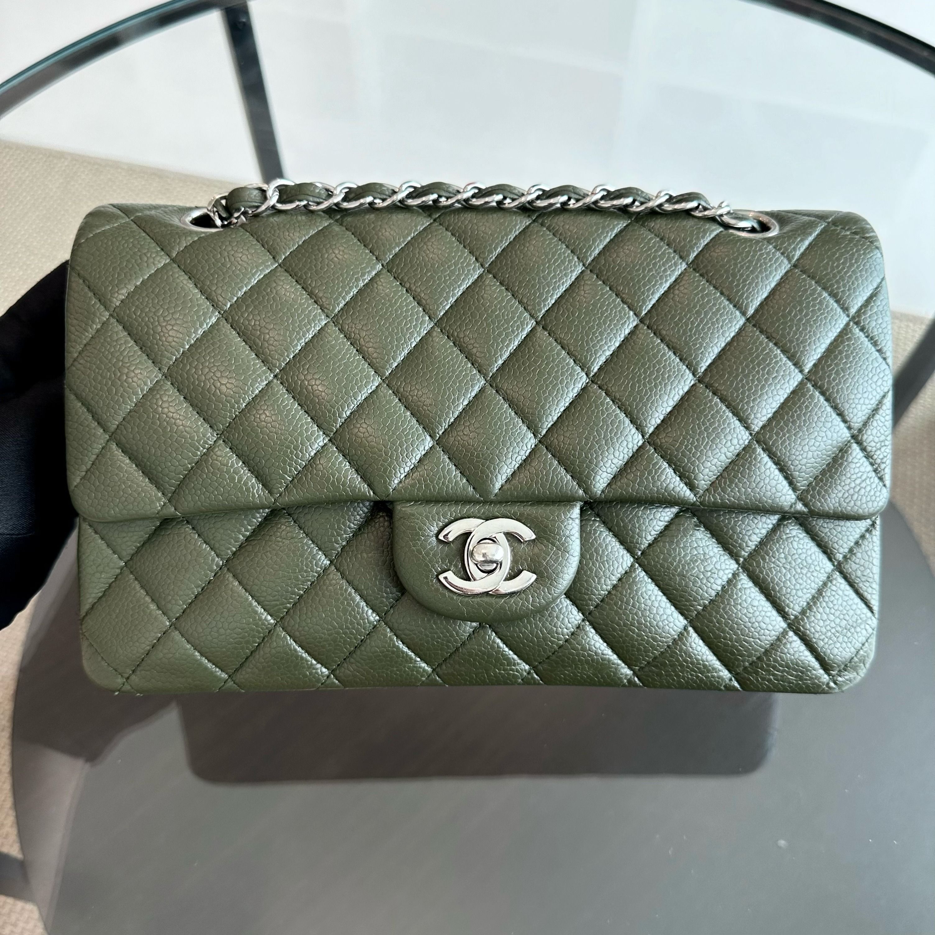 Chanel Caviar Medium Classic Flap Quilted Dark Green SHW No 14 - Luxury Evermore