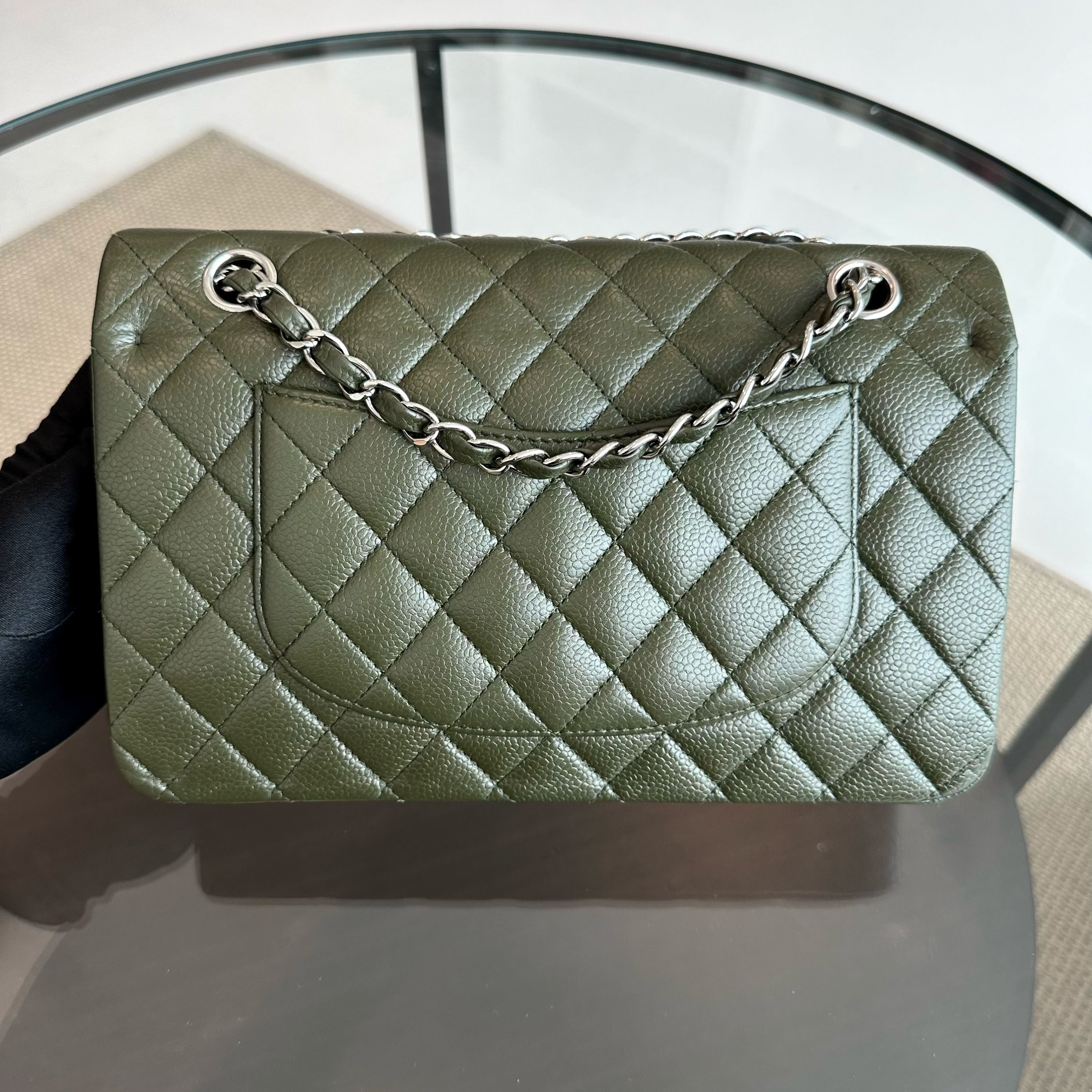 Chanel Caviar Medium Classic Flap Quilted Dark Green SHW No 14 - Luxury Evermore