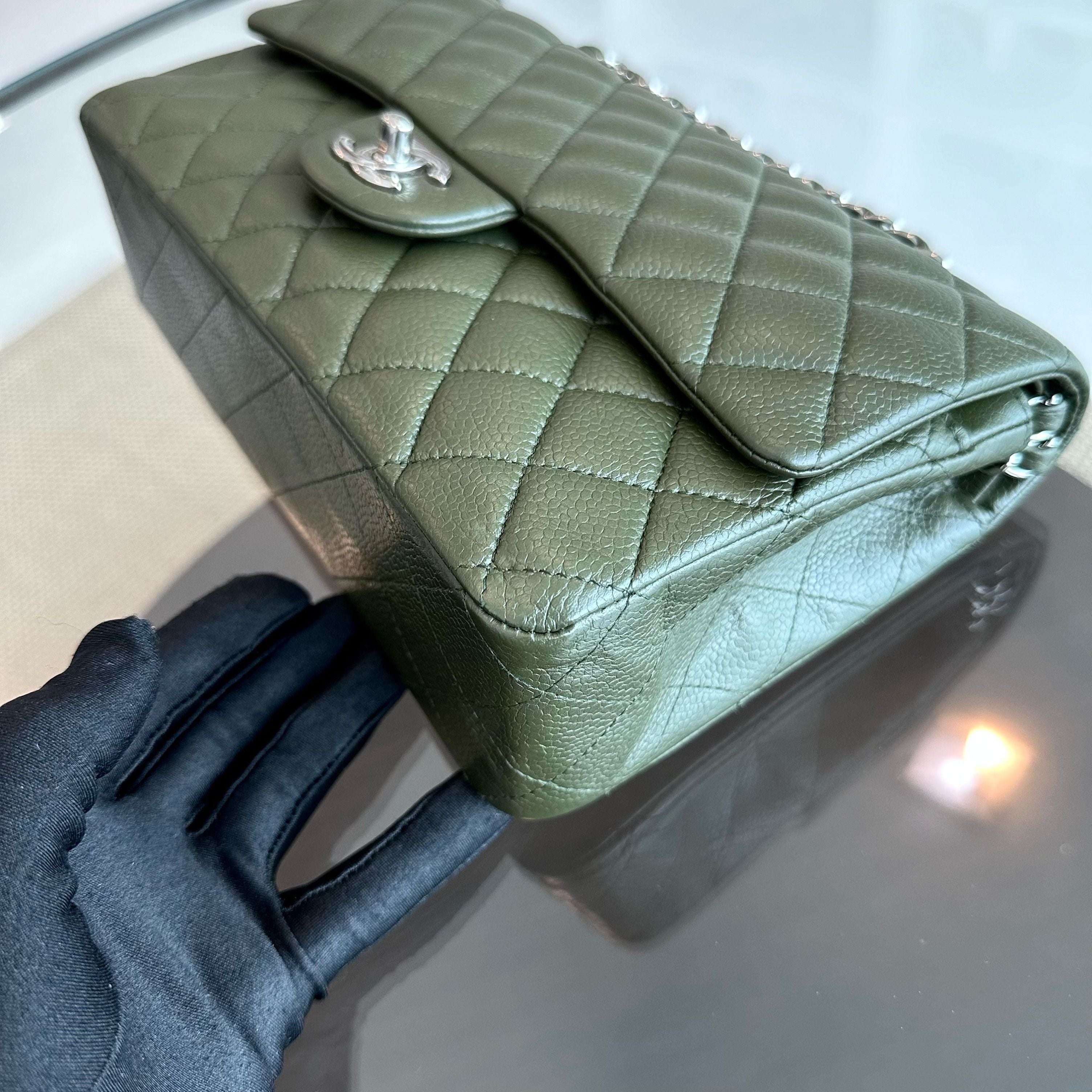 Chanel Caviar Medium Classic Flap Quilted Dark Green SHW No 14 - Luxury Evermore