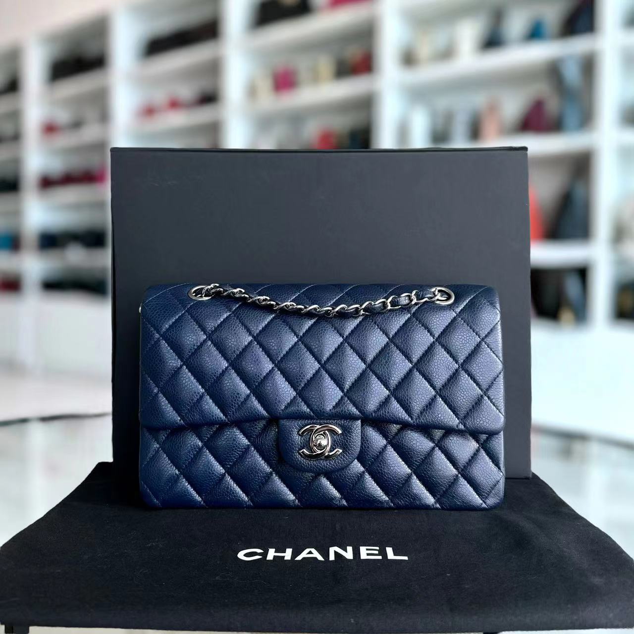 Chanel Caviar Medium Classic Flap Quilted Grained Calfskin Dark Blue Silver Hardware Series 15 - Luxury Evermore