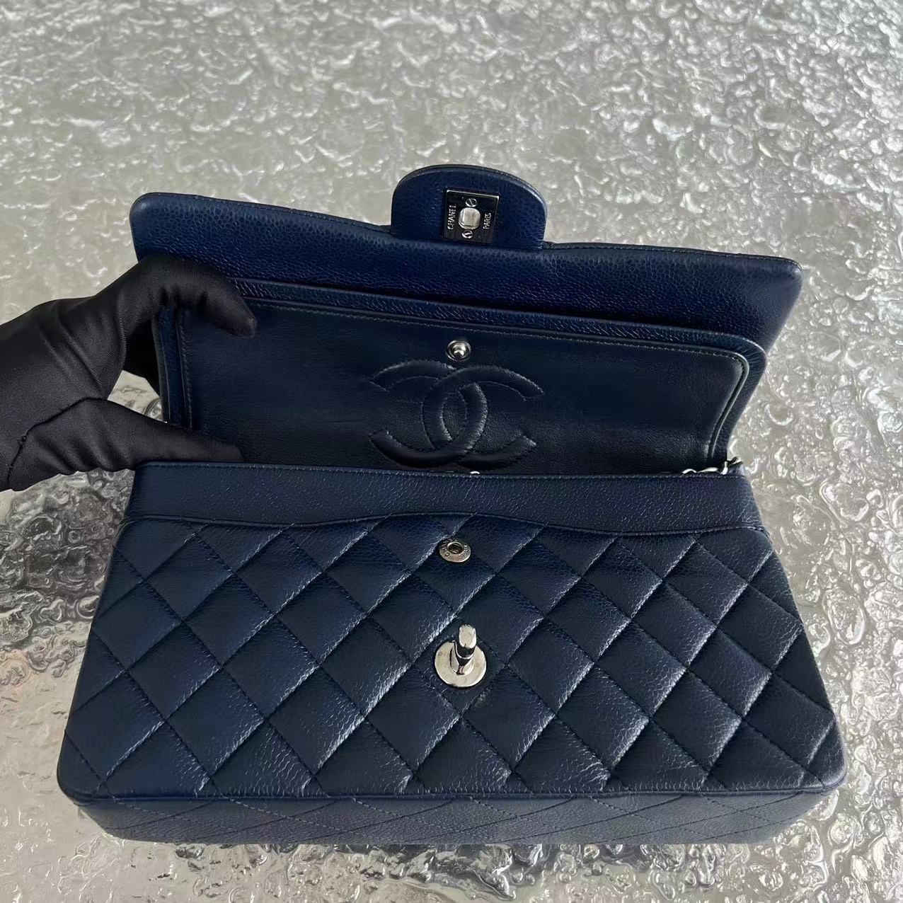 Chanel Caviar Medium Classic Flap Quilted Grained Calfskin Dark Blue Silver Hardware Series 15 - Luxury Evermore