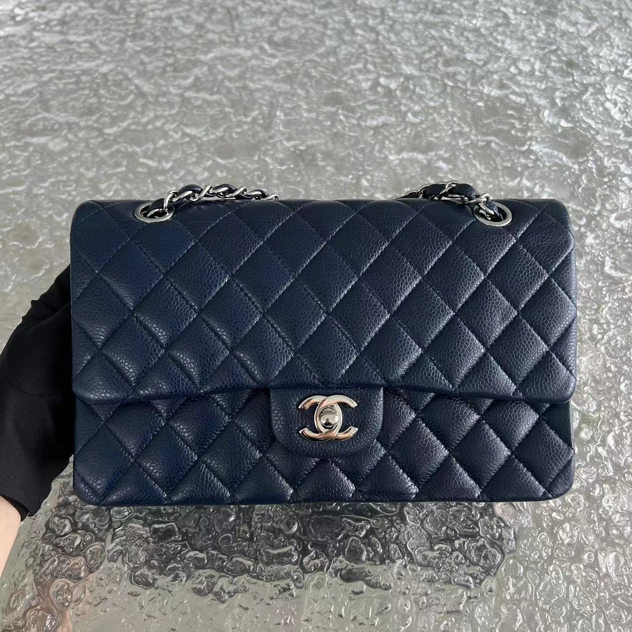 Chanel Caviar Medium Classic Flap Quilted Grained Calfskin Dark Blue Silver Hardware Series 15 - Luxury Evermore