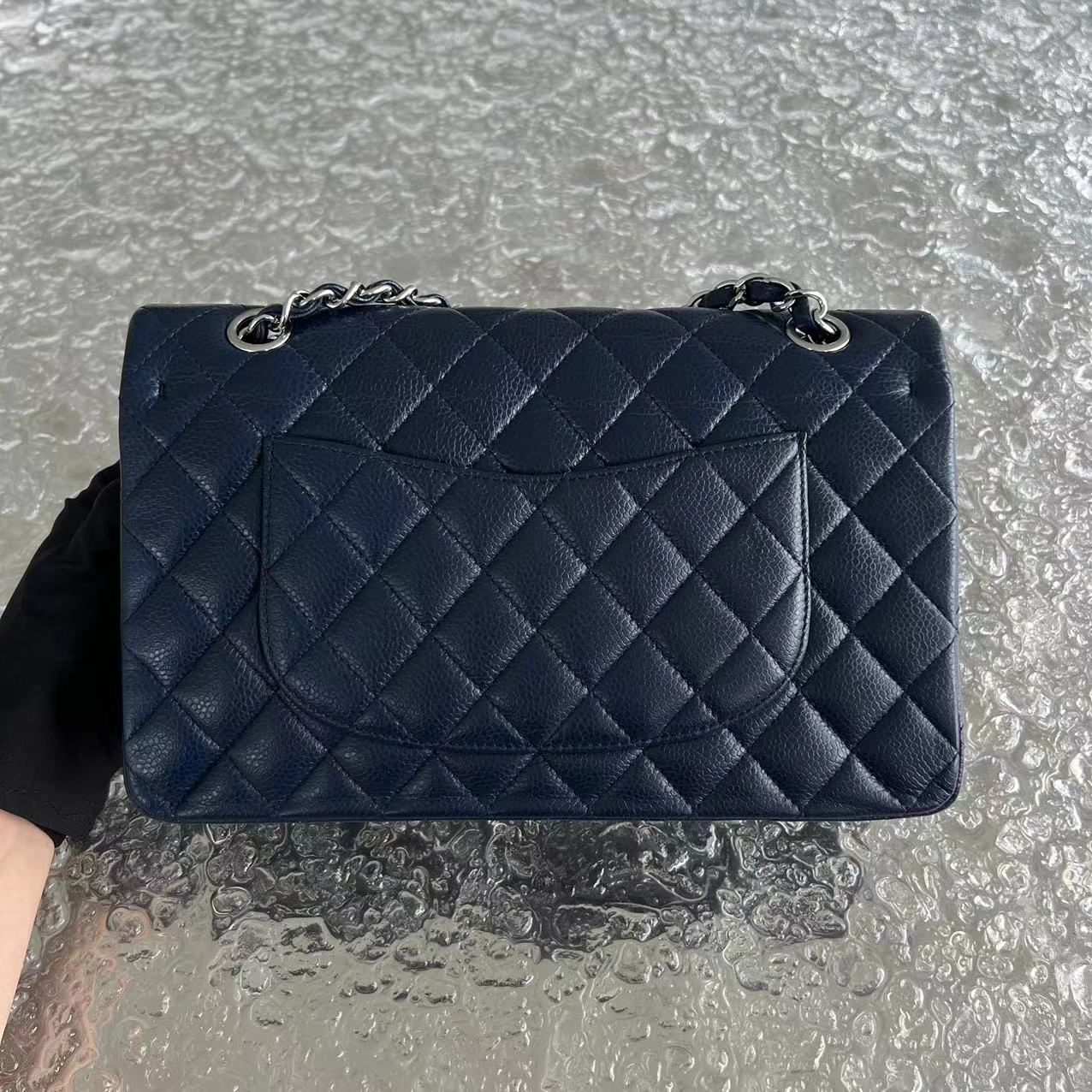 Chanel Caviar Medium Classic Flap Quilted Grained Calfskin Dark Blue Silver Hardware Series 15 - Luxury Evermore