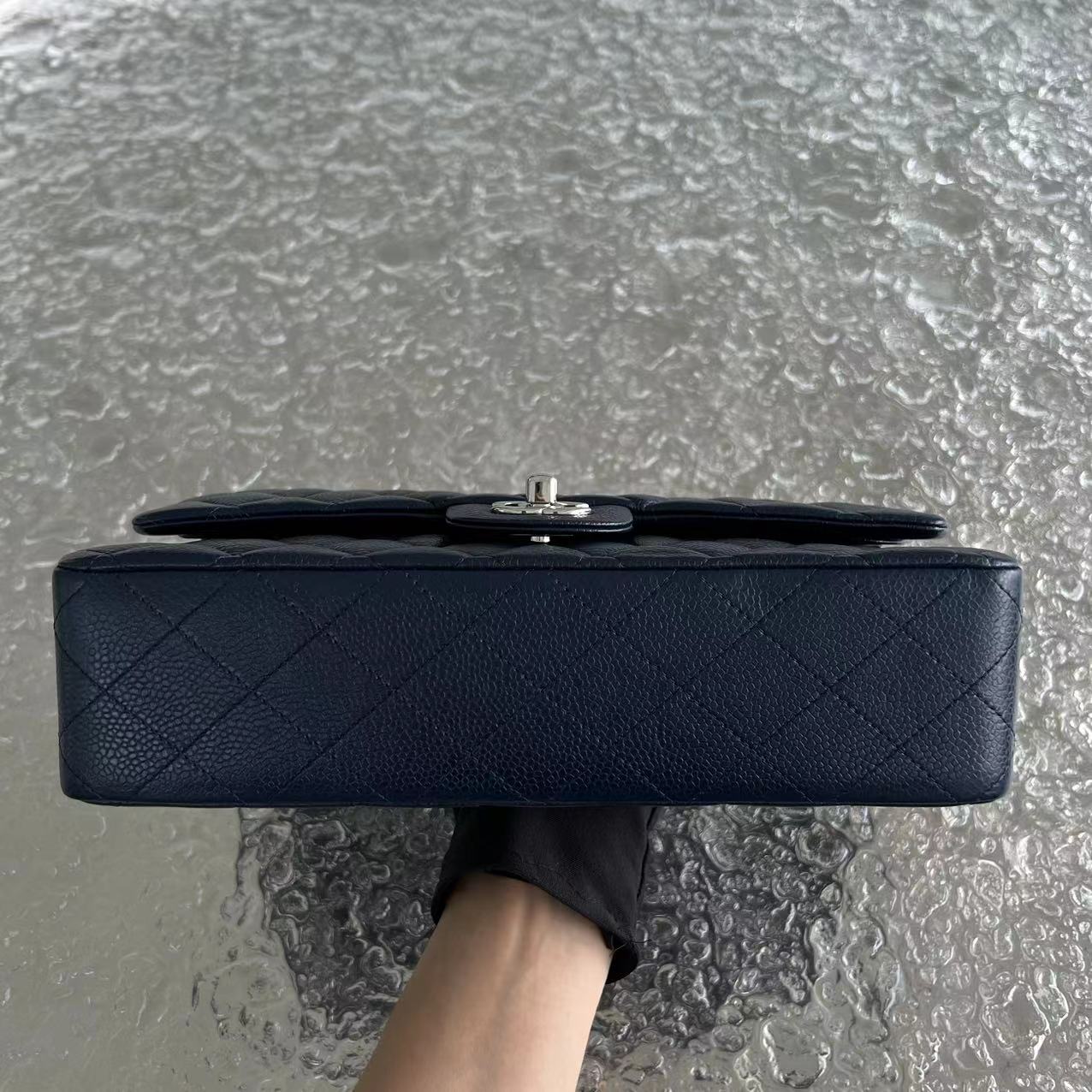 Chanel Caviar Medium Classic Flap Quilted Grained Calfskin Dark Blue Silver Hardware Series 15 - Luxury Evermore