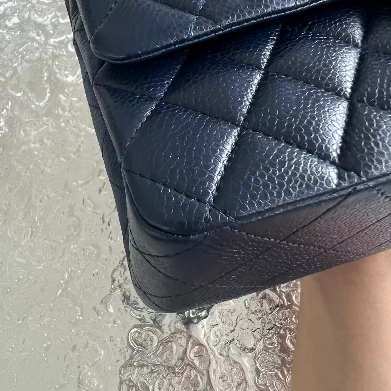 Chanel Caviar Medium Classic Flap Quilted Grained Calfskin Dark Blue Silver Hardware Series 15 - Luxury Evermore