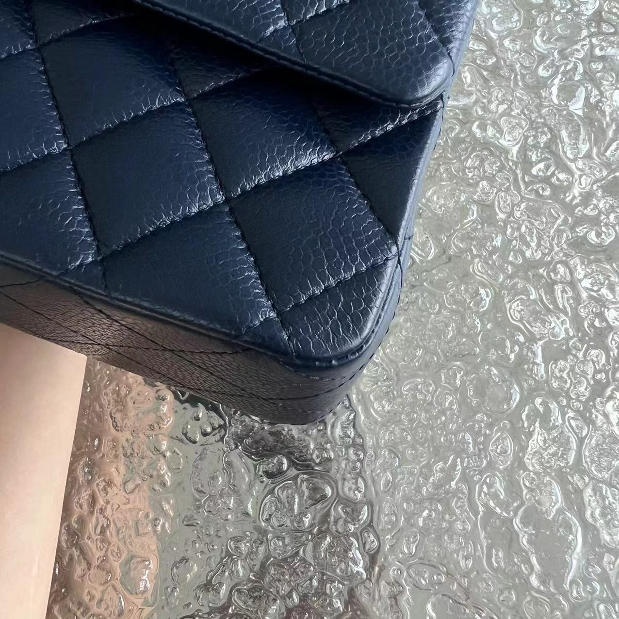 Chanel Caviar Medium Classic Flap Quilted Grained Calfskin Dark Blue Silver Hardware Series 15 - Luxury Evermore