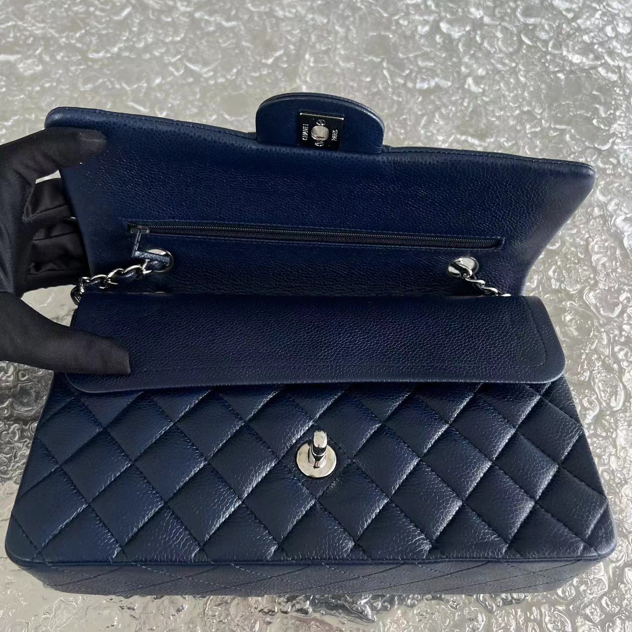 Chanel Caviar Medium Classic Flap Quilted Grained Calfskin Dark Blue Silver Hardware Series 15 - Luxury Evermore