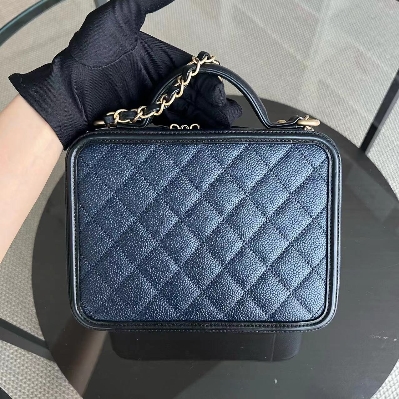 Chanel Caviar Medium filigree Vanity Case Quilted Grained Calfskin Dark Blue Golden Hardware Series 24 - Luxury Evermore