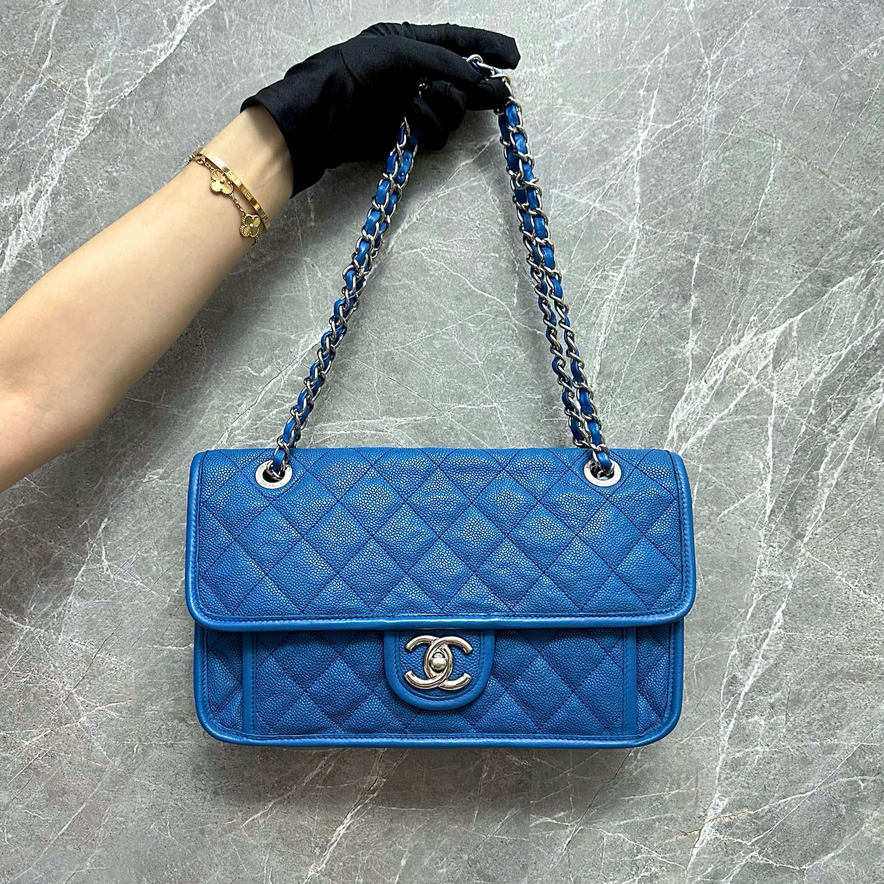 Chanel Caviar Medium Flap French Riviera Quilted Blue SHW No 15 - Luxury Evermore