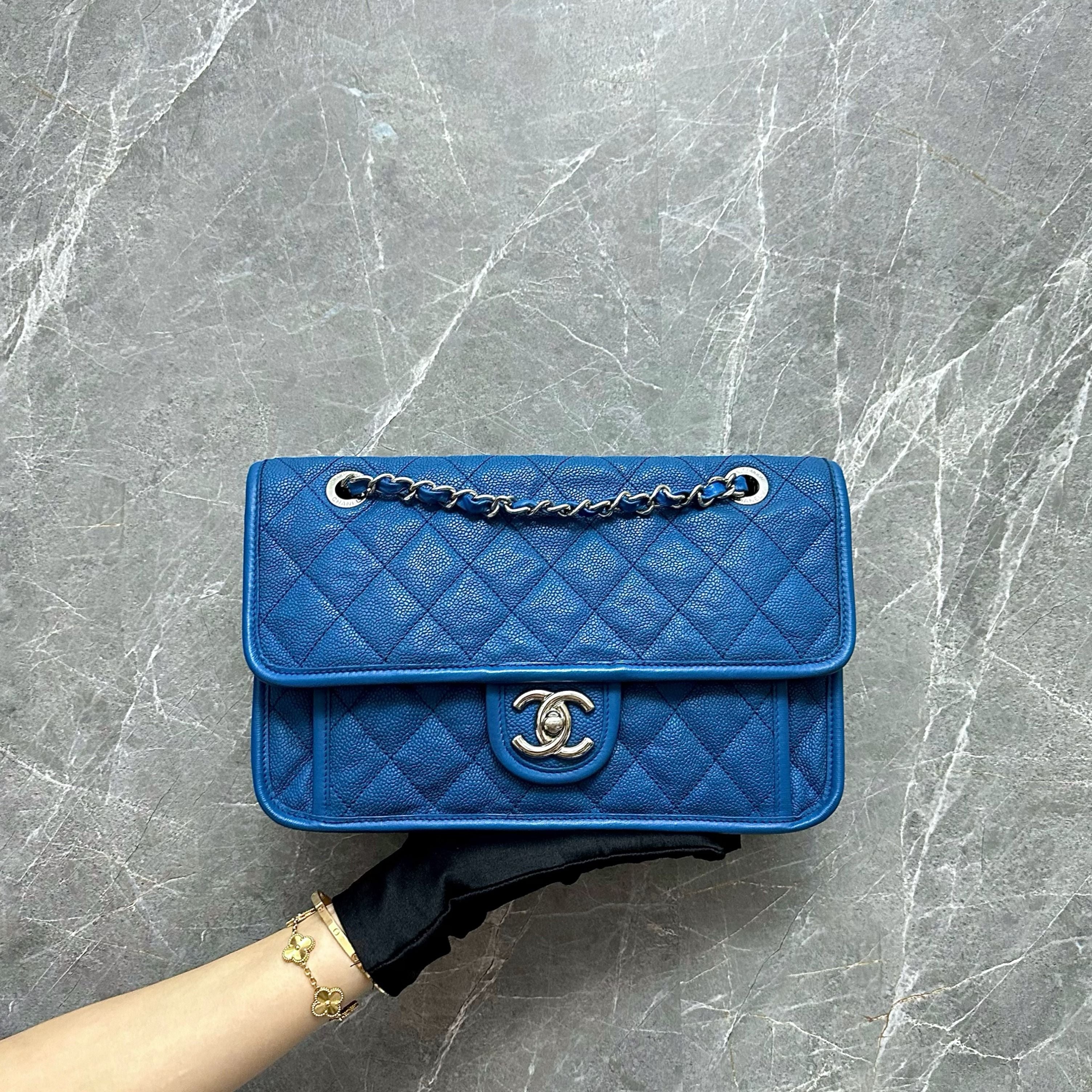 Chanel Caviar Medium Flap French Riviera Quilted Blue SHW No 15 - Luxury Evermore