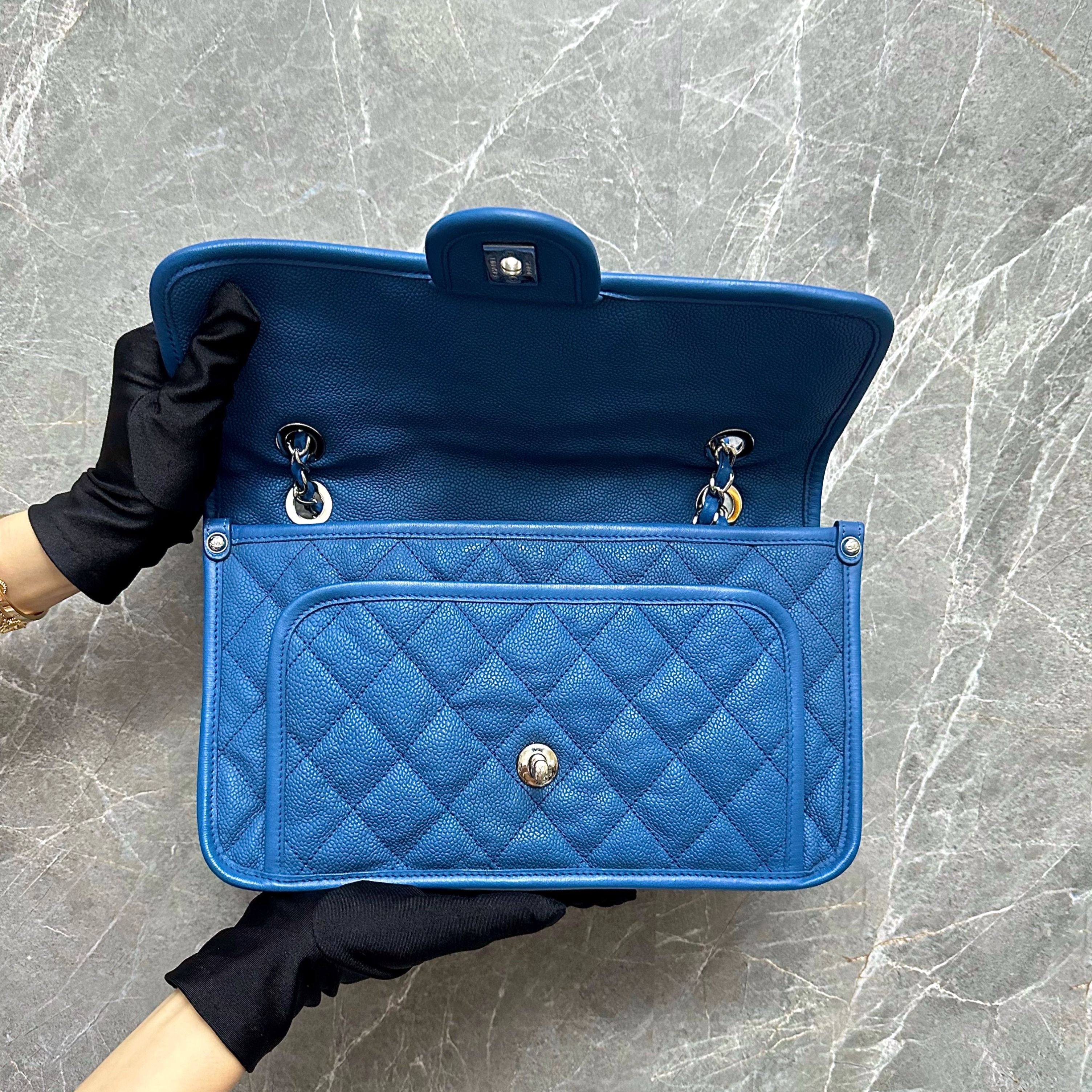 Chanel Caviar Medium Flap French Riviera Quilted Blue SHW No 15 - Luxury Evermore