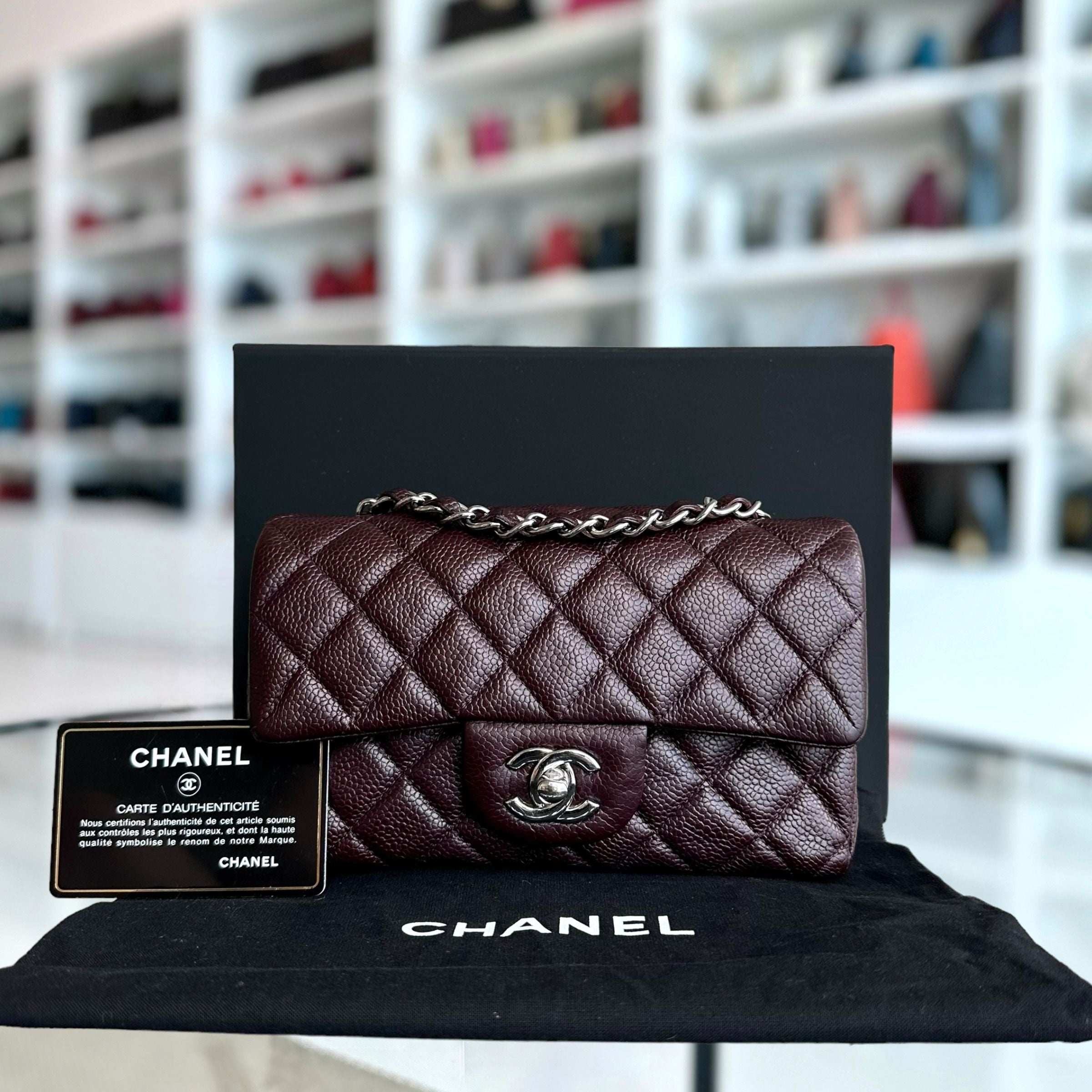 Chanel Caviar Mini Classic Flap 20CM Quilted Calfskin Burgundy SHW No 20 - Luxury Evermore