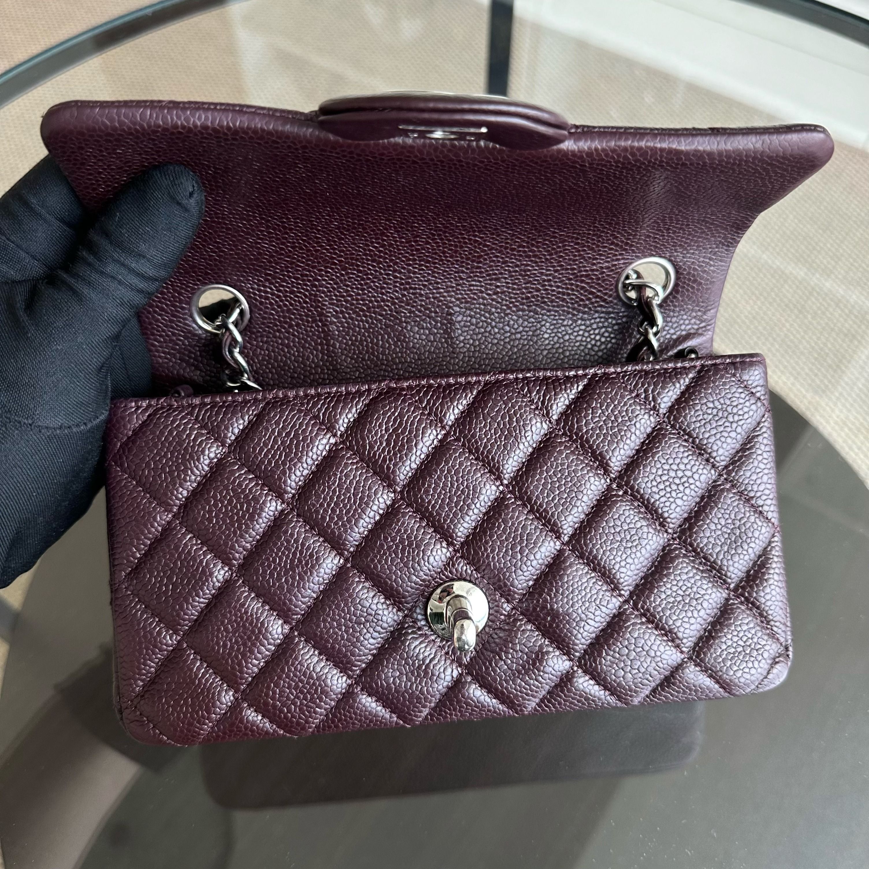 Chanel Caviar Mini Classic Flap 20CM Quilted Calfskin Burgundy SHW No 20 - Luxury Evermore