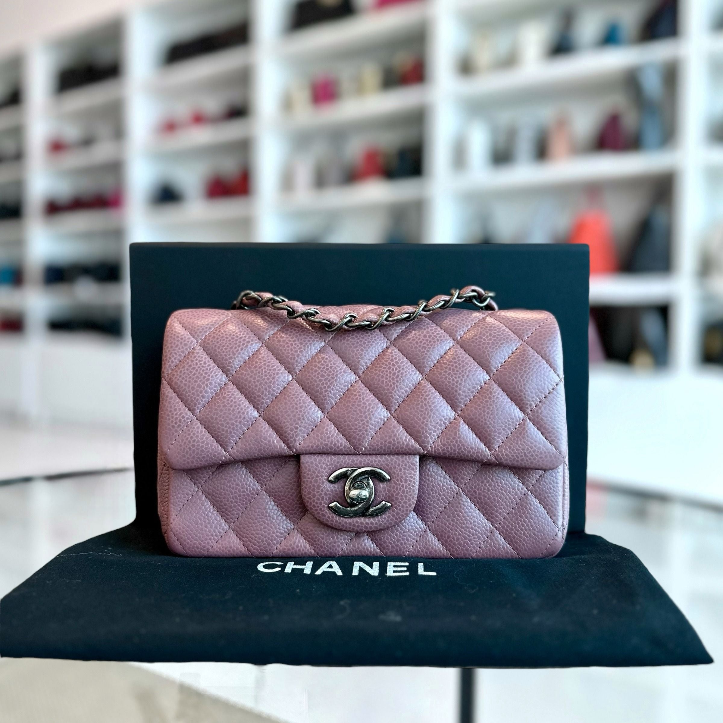 Chanel Caviar Mini Rectangular 20CM Classic Flap Quilted Calfskin Purple RSHW No 21 - Luxury Evermore