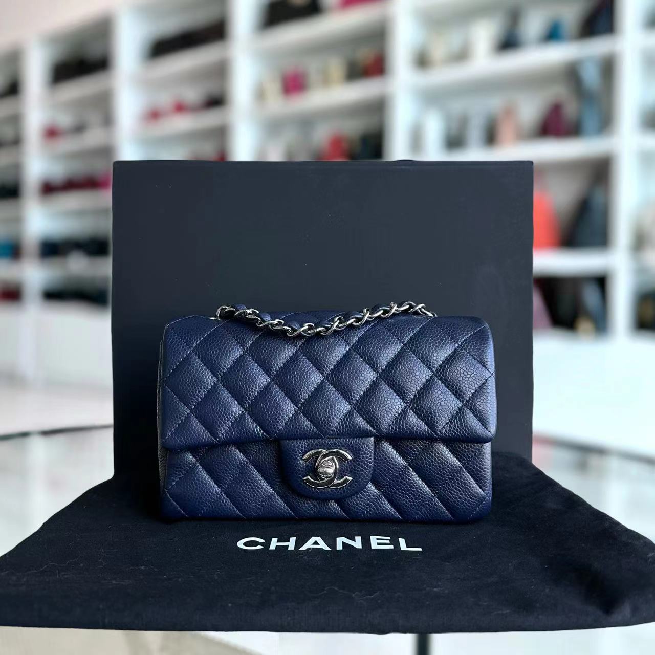 Chanel Caviar Mini Rectangular Classic Flap 20CM Quilted Calfskin Dark Blue SHW No 18 - Luxury Evermore