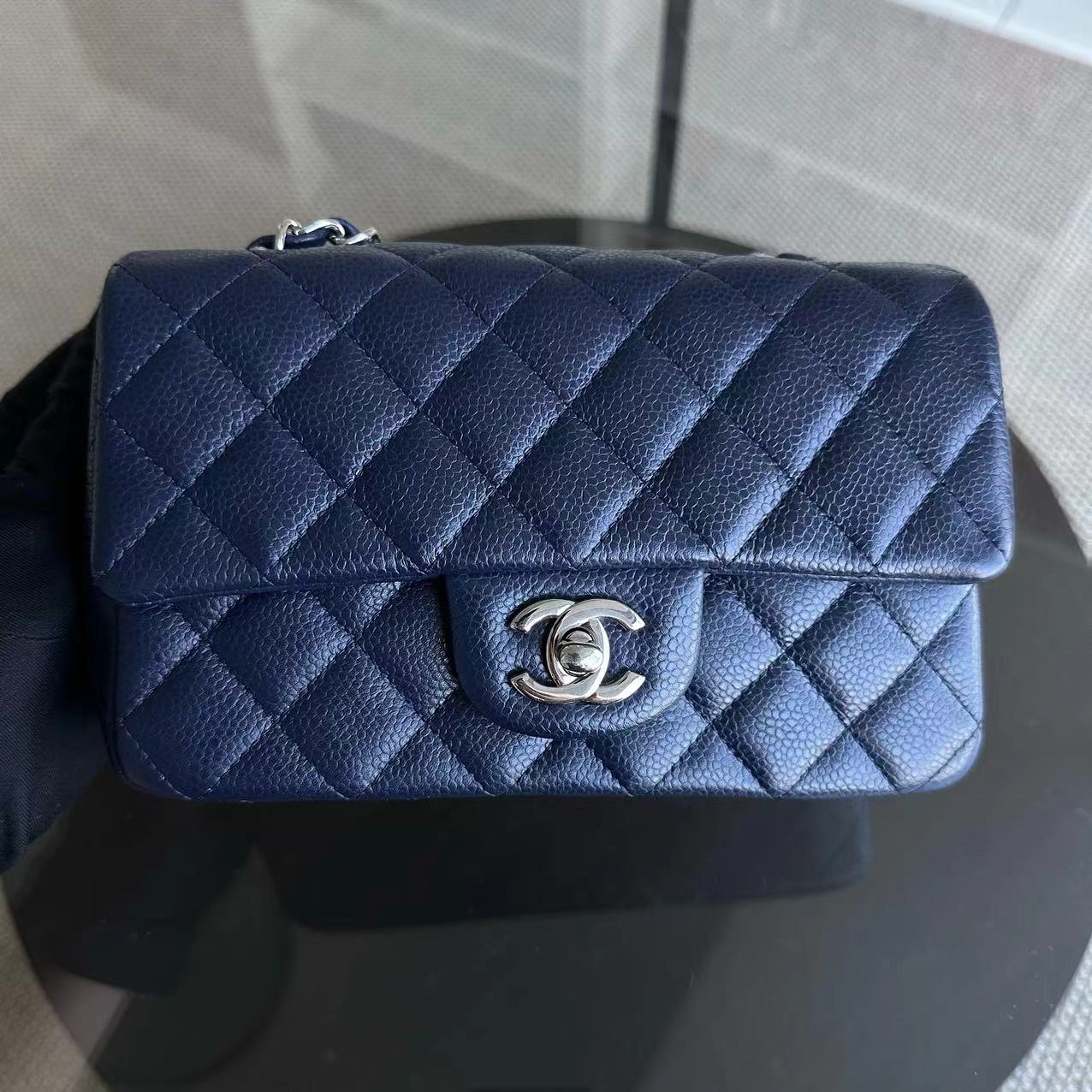 Chanel Caviar Mini Rectangular Classic Flap 20CM Quilted Calfskin Dark Blue SHW No 18 - Luxury Evermore