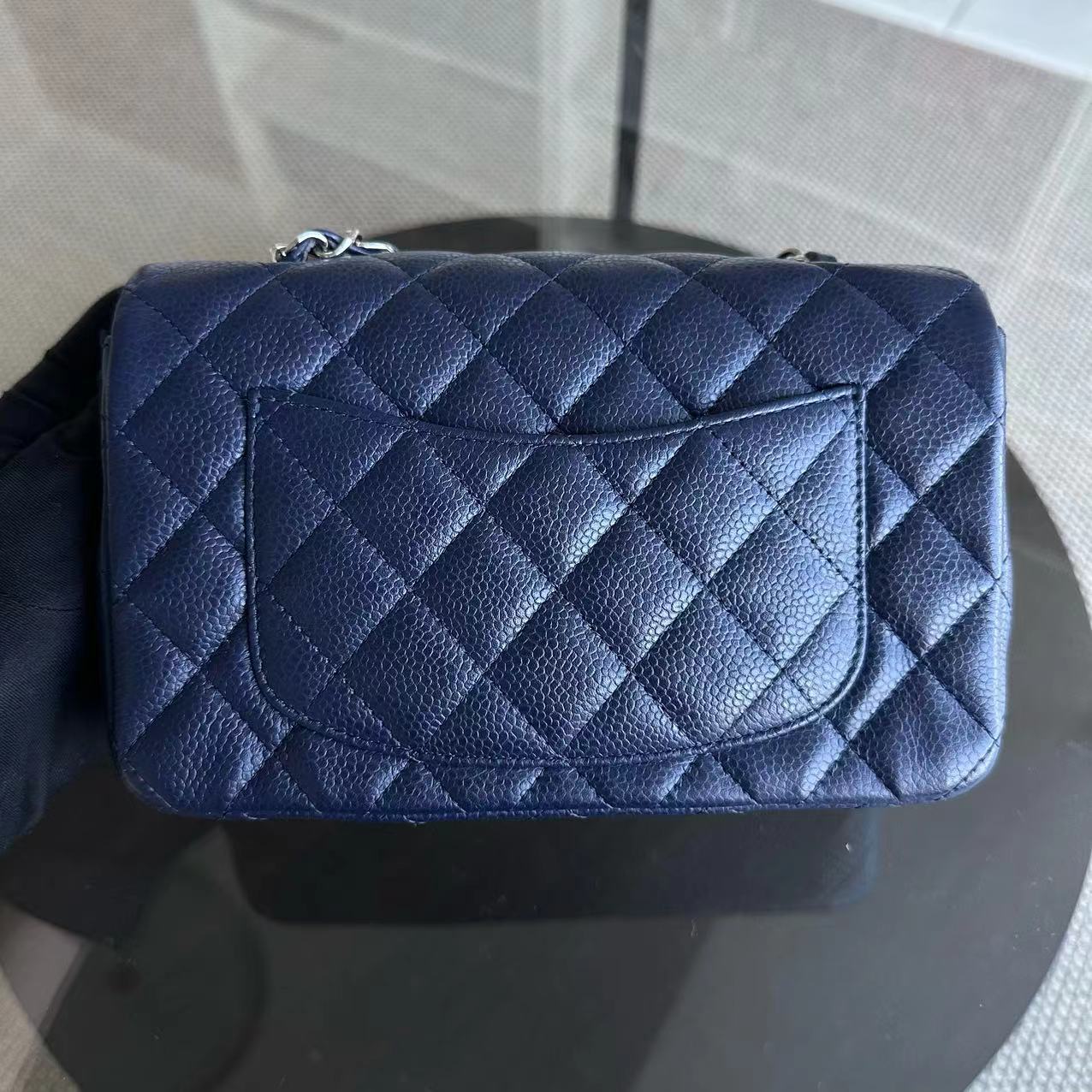 Chanel Caviar Mini Rectangular Classic Flap 20CM Quilted Calfskin Dark Blue SHW No 18 - Luxury Evermore